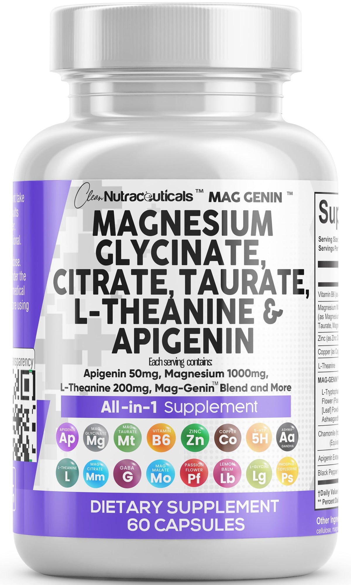 Clean Nutraceuticals Mag Genin bottle front showing full magnesium complex for daily vitality.
