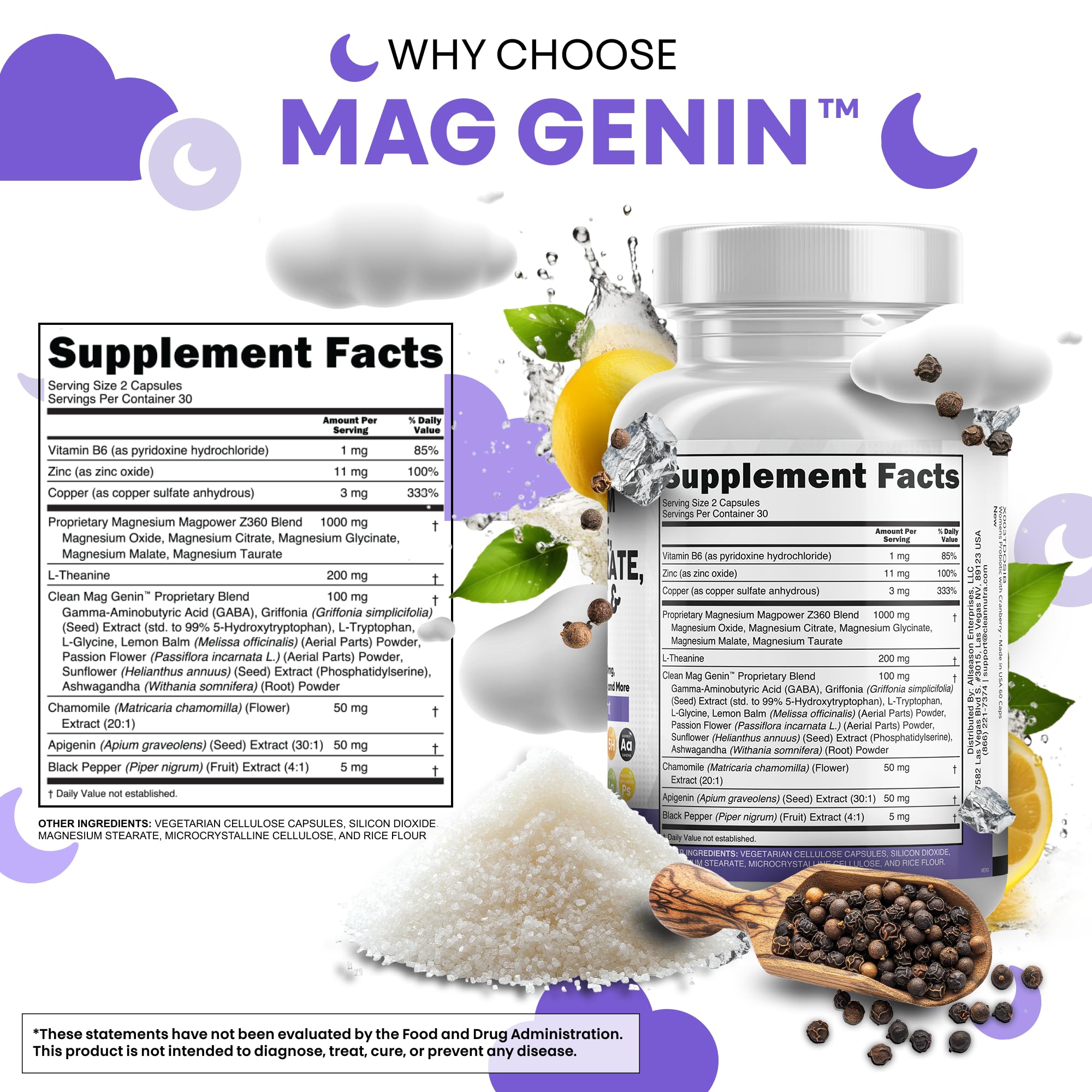 Bottle pour scene of Clean Nutraceuticals Mag Genin emphasizing two-capsule serving.
