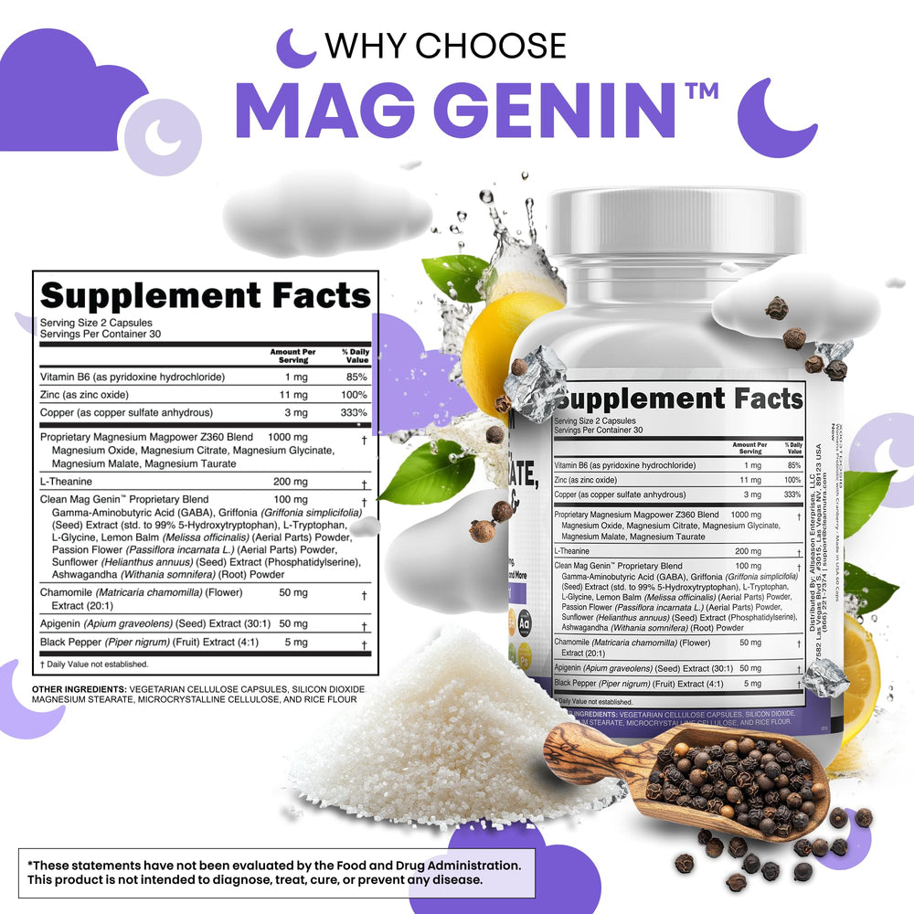 Bottle pour scene of Clean Nutraceuticals Mag Genin emphasizing two-capsule serving.
