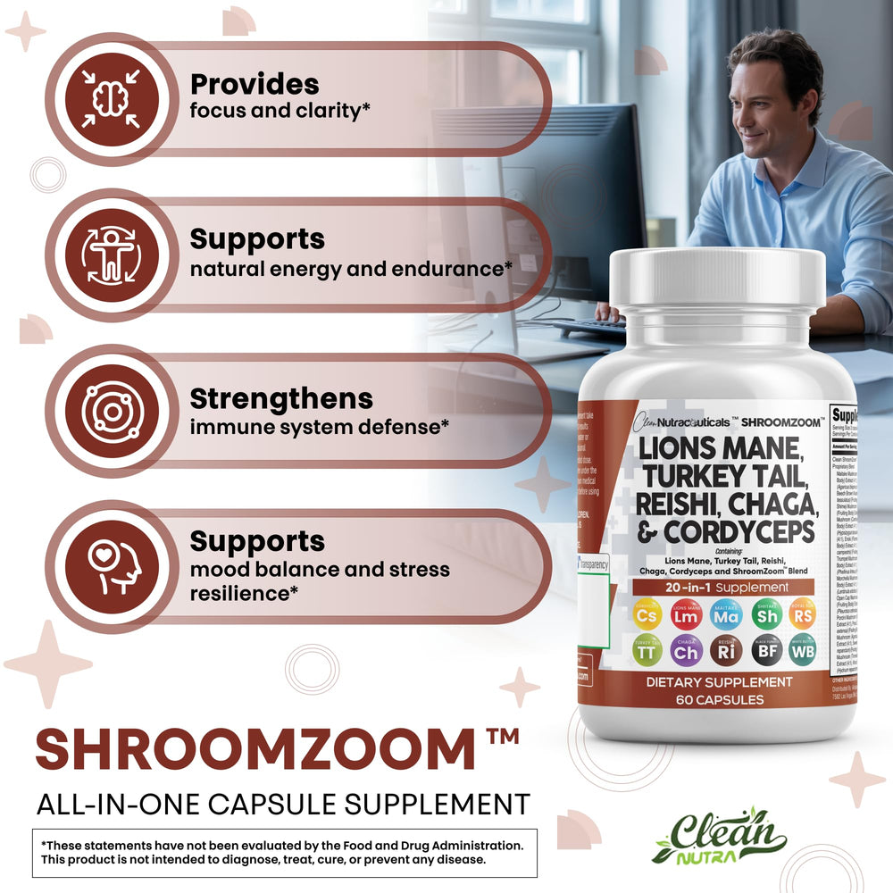 Clean Nutraceuticals maitake-meshima-poria cocos collection shows diverse mushroom ingredients.