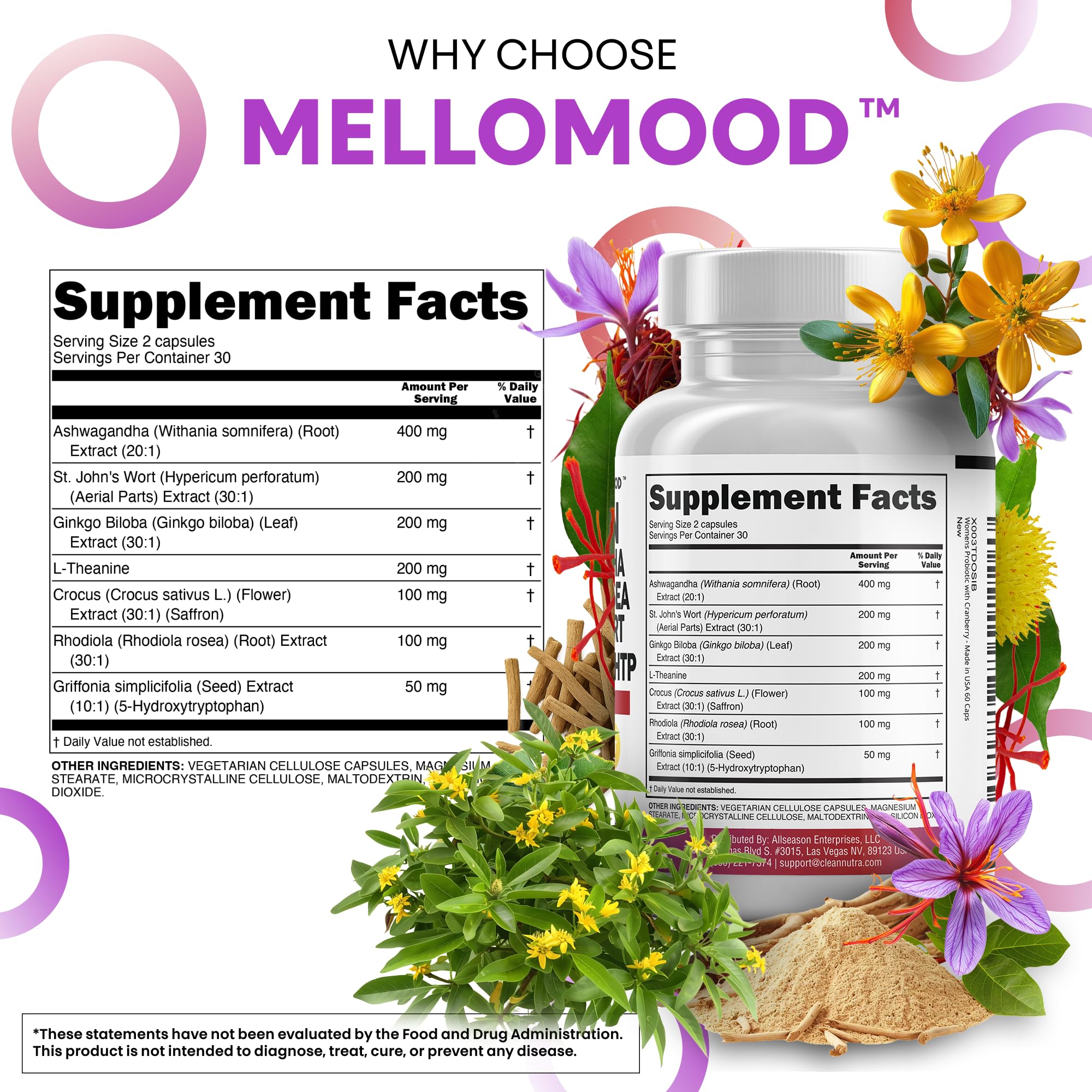 Mellomood saffron 100mg label emphasizing mood support ingredients