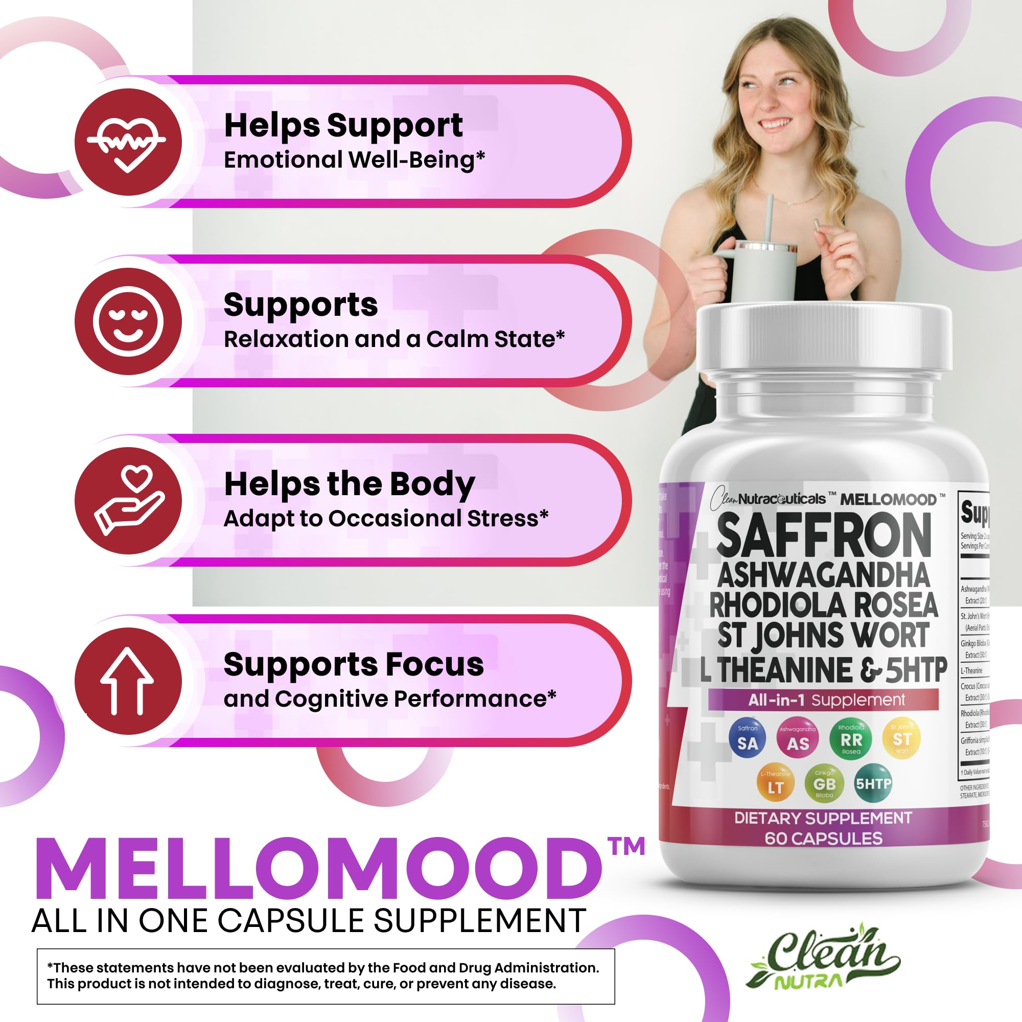 Clean Nutraceuticals Mellomood bottle featuring St. John's Wort note