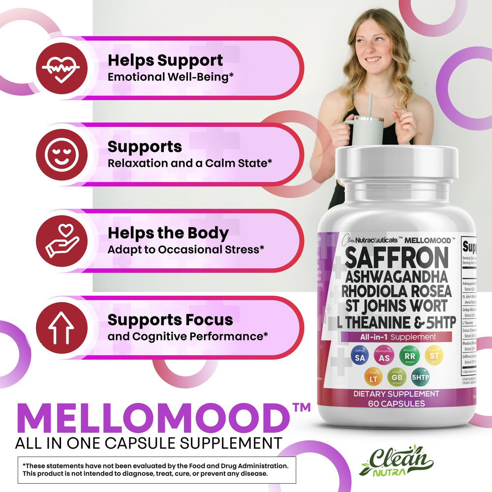 Clean Nutraceuticals Mellomood bottle featuring St. John's Wort note