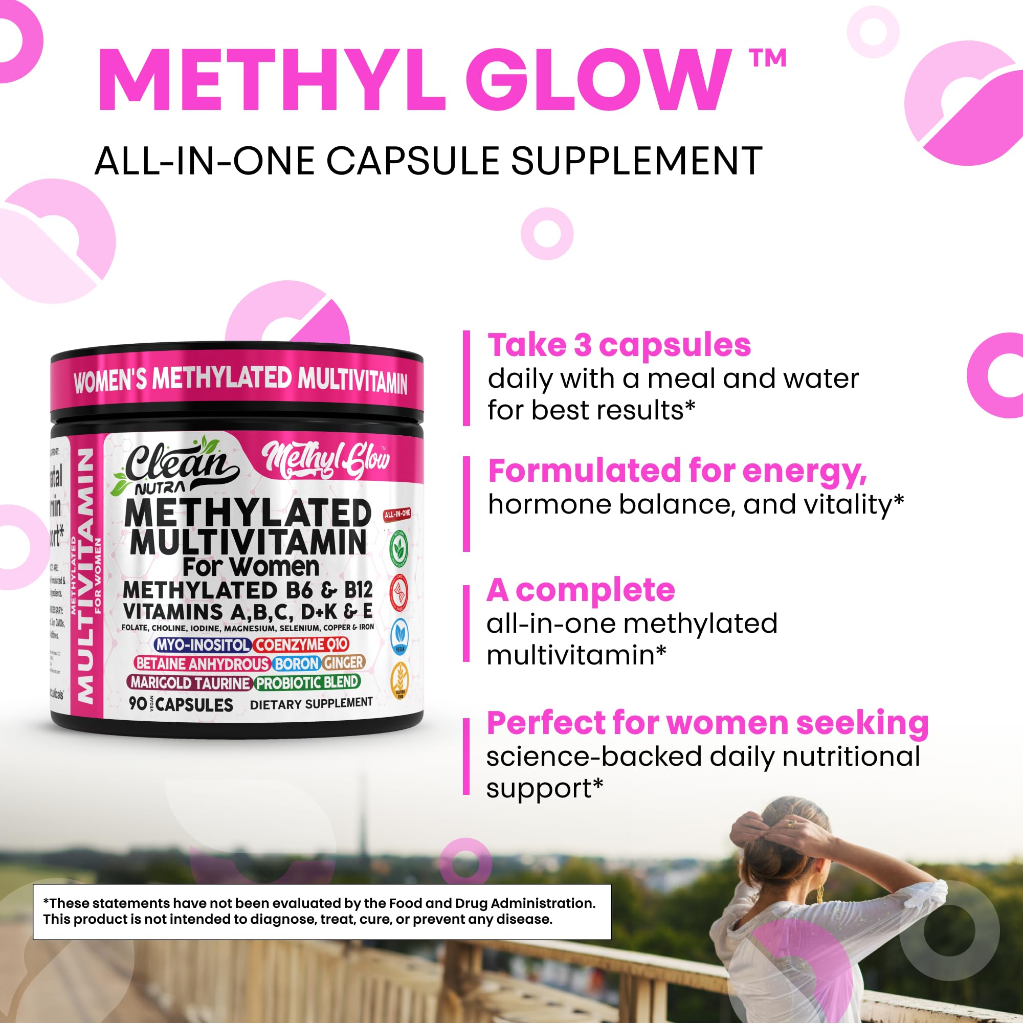 Bottle pouring capsules to illustrate easy daily use.