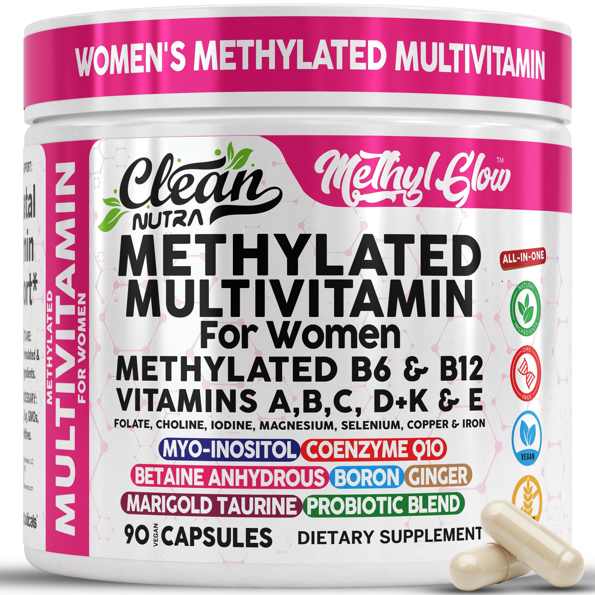 Clean Nutraceuticals methylated women's multivitamin bottle front for daily vitality.