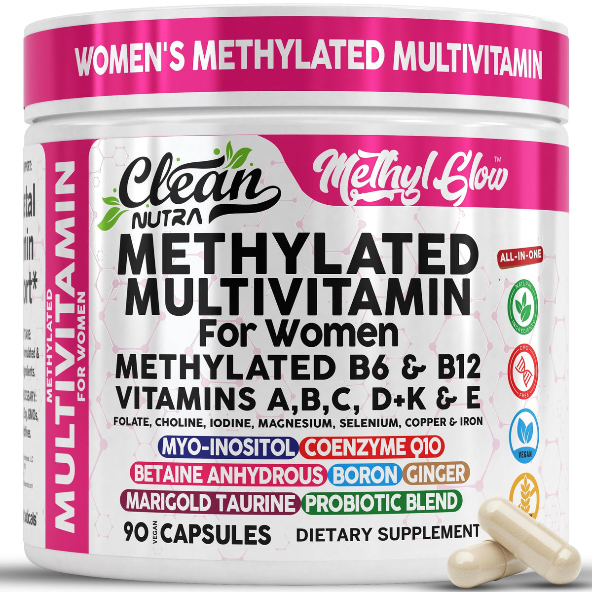 Clean Nutraceuticals methylated women's multivitamin bottle front for daily vitality.
