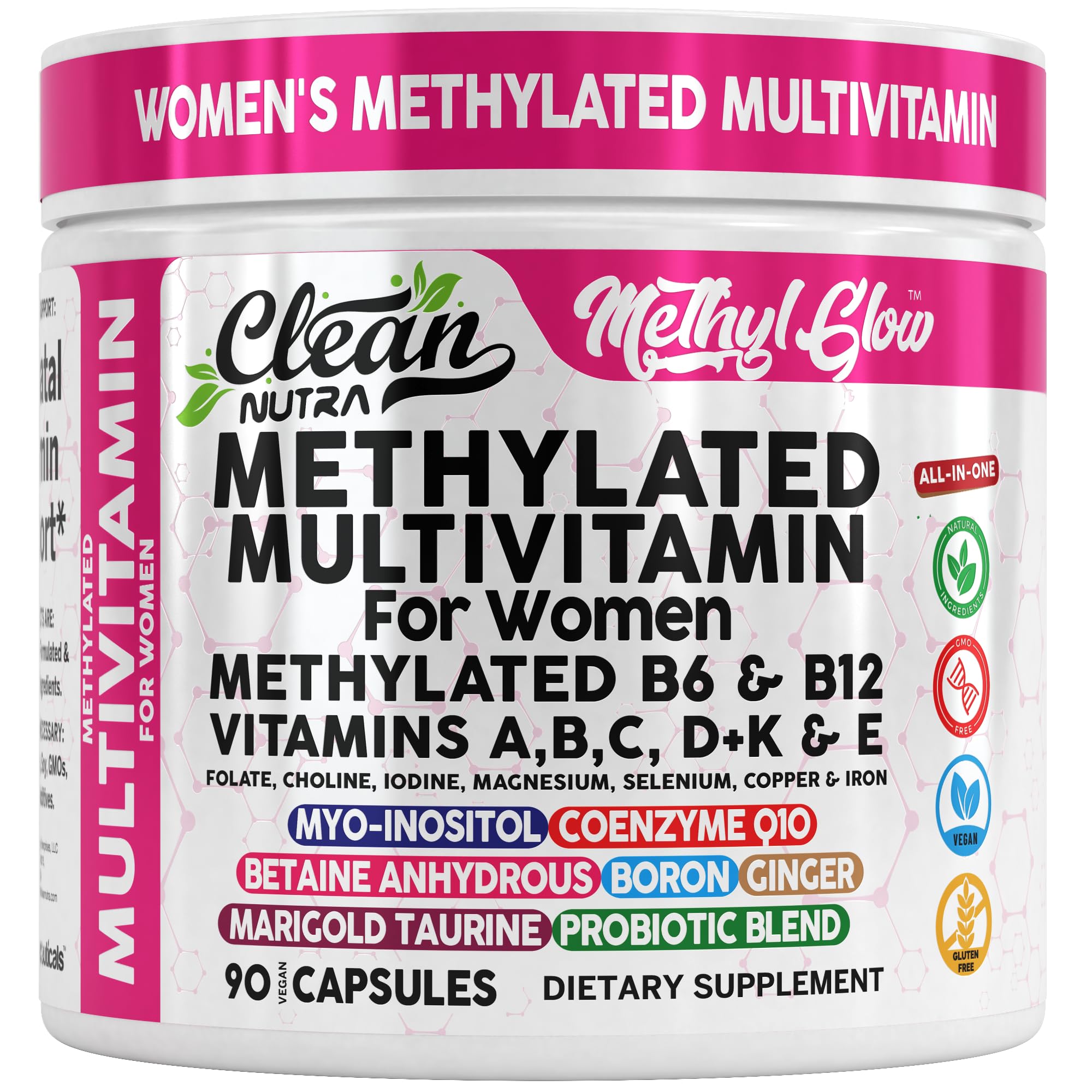 Complete vitamin collection for women in a compact bottle.