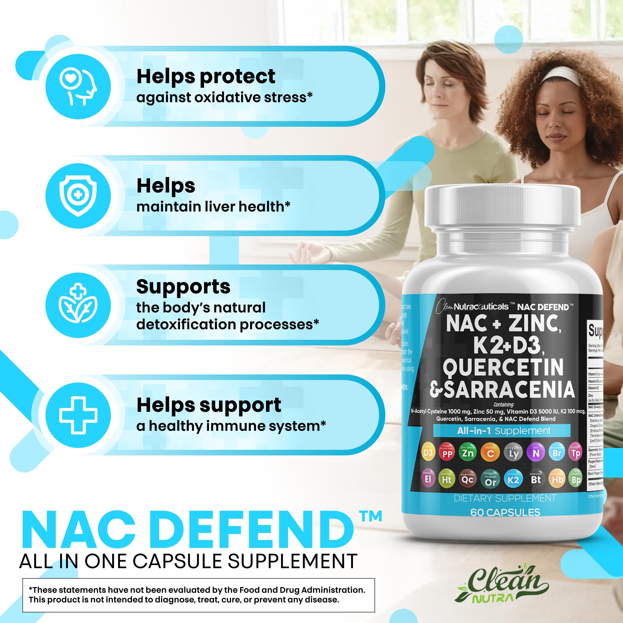 NAC Defend ingredients collage showing NAC, vitamins and botanicals.