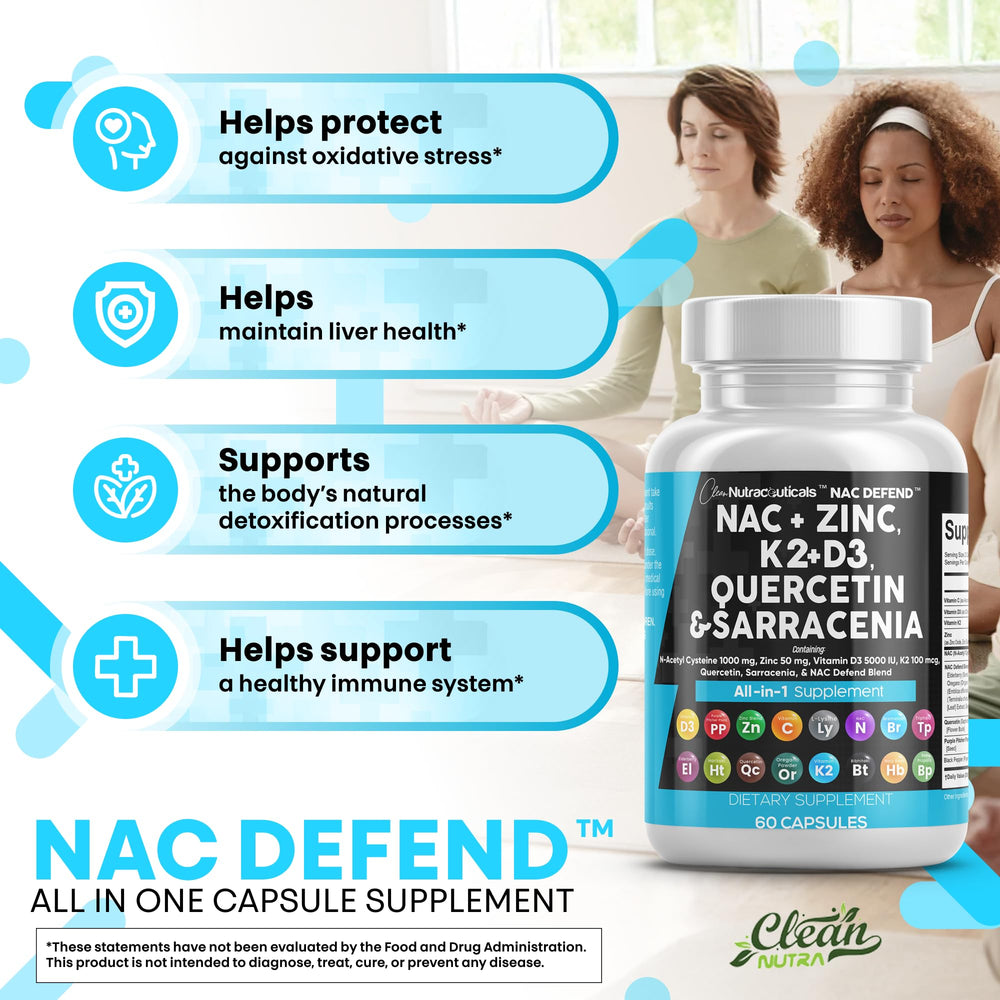 NAC Defend ingredients collage showing NAC, vitamins and botanicals.