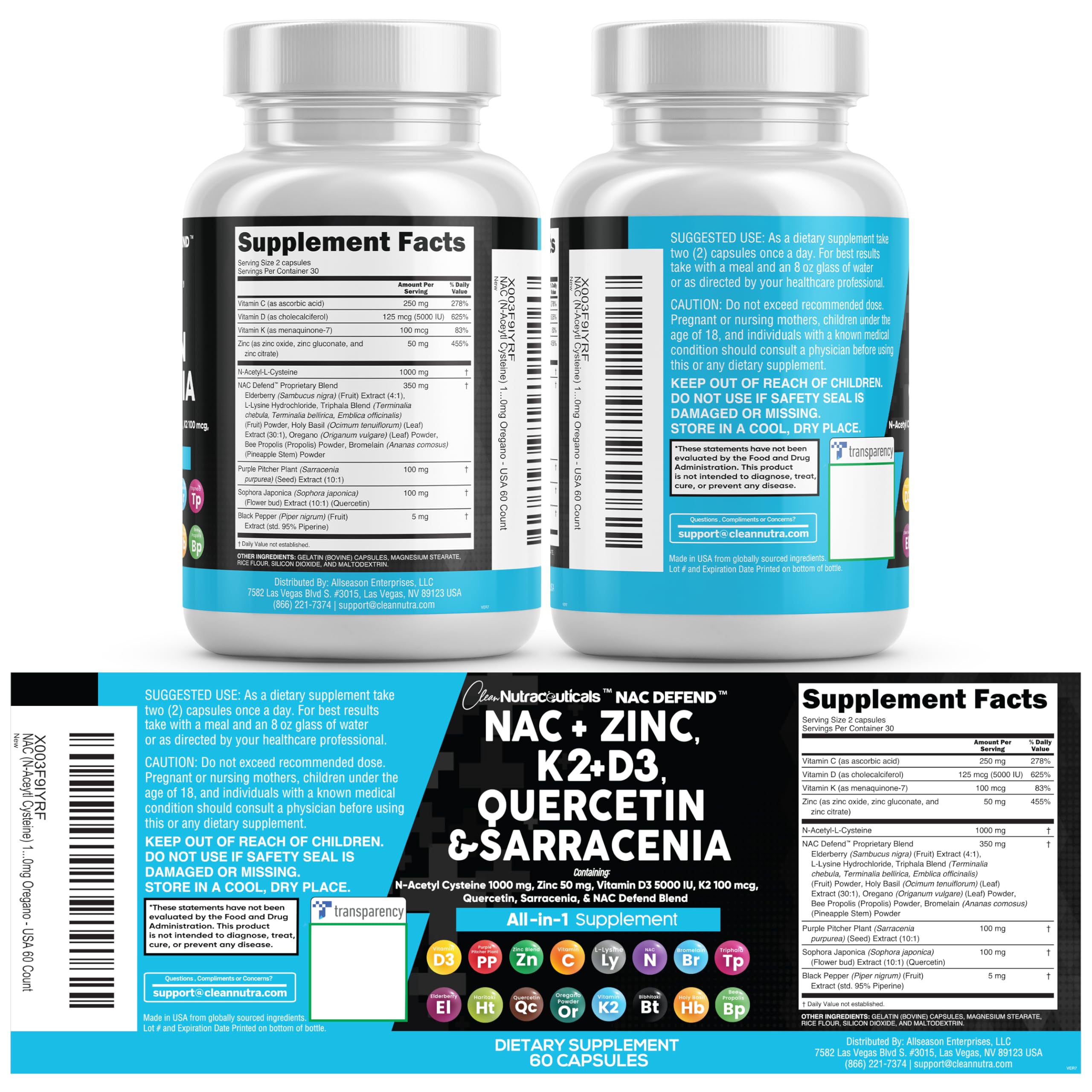 Close-up label details including ingredients and vitamins.