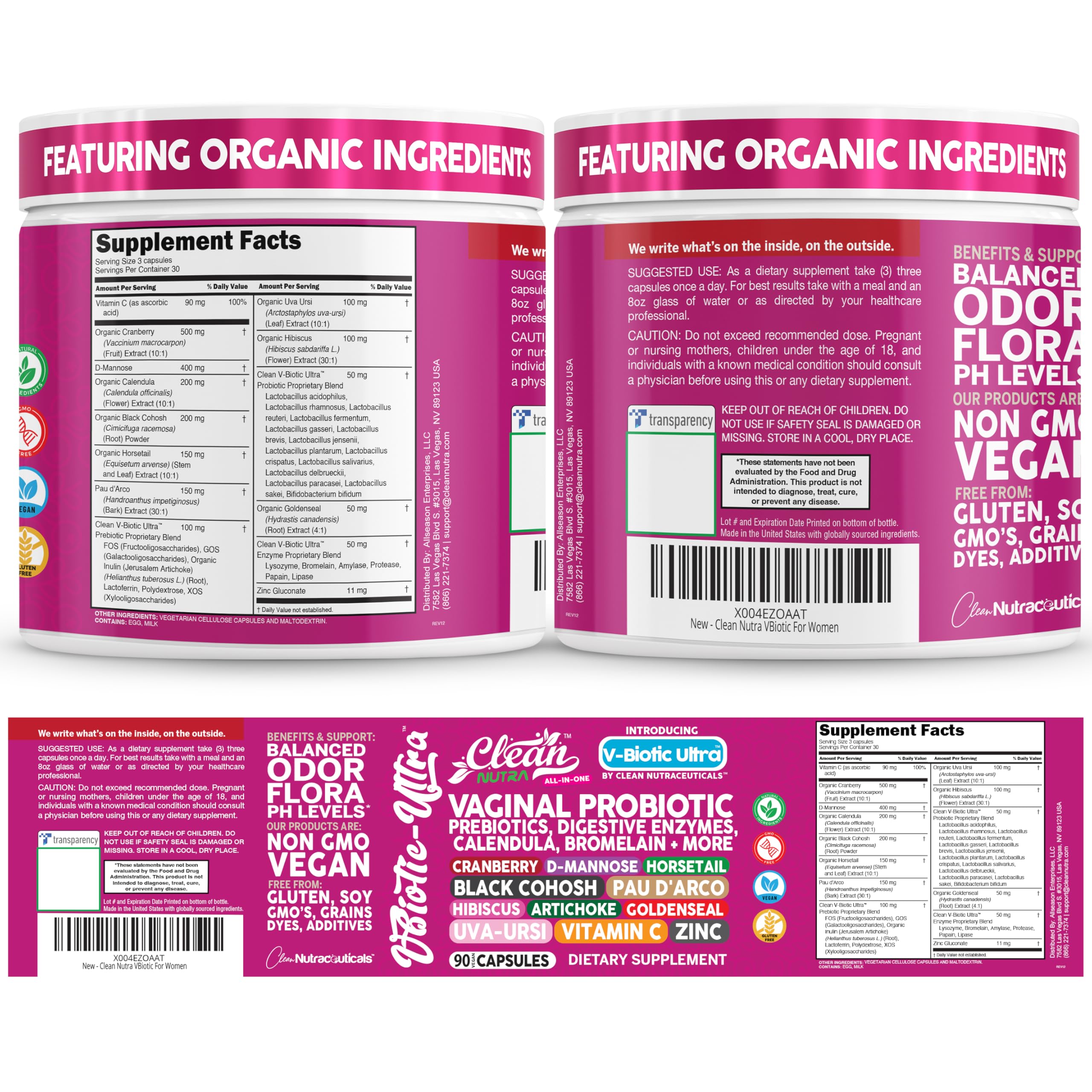 Product packaging card with Clean Nutraceuticals branding for travel-friendly routine.