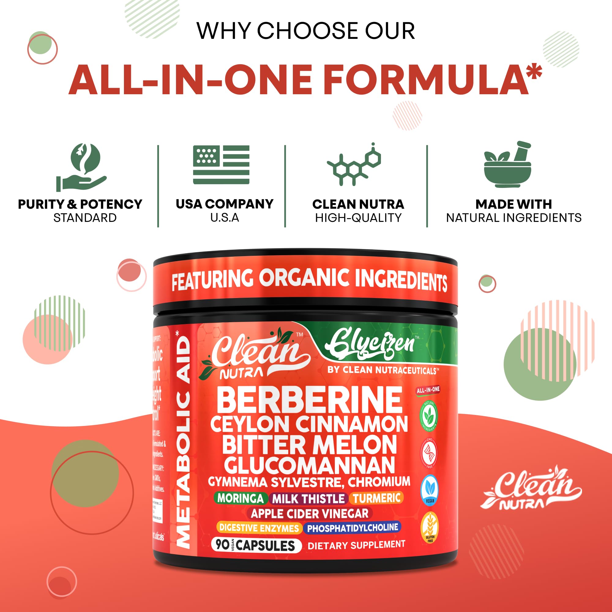 Clean Nutraceuticals packaging front label communicates vegan, gluten-free formulation for wellness.