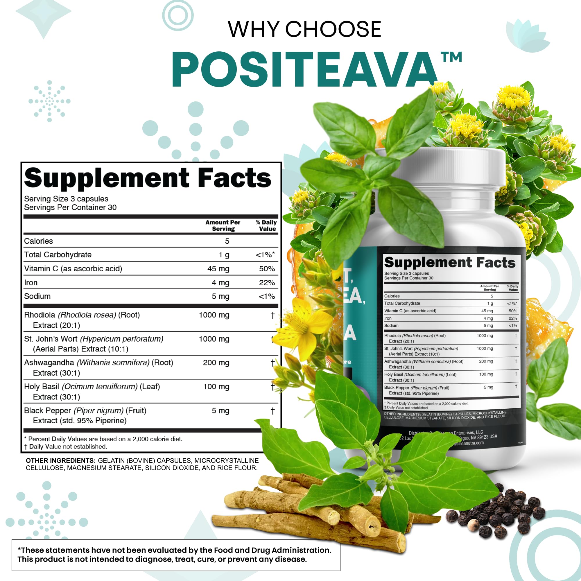Serving dosage illustration for three capsules per daily intake.