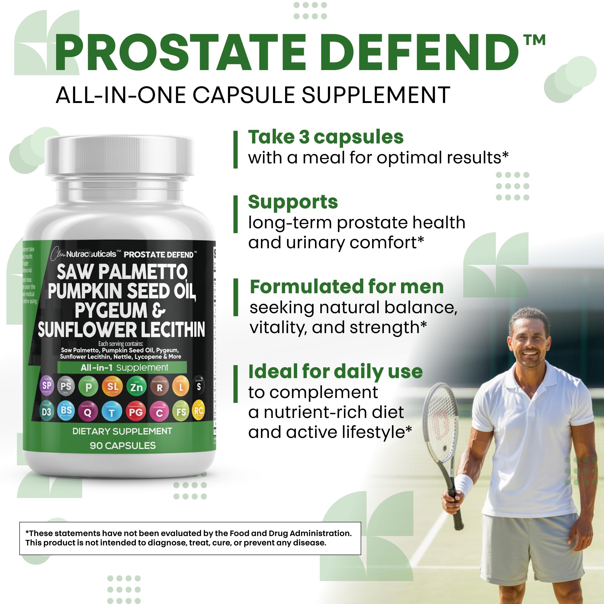 Clean Nutraceuticals Prostate Defend packaging emphasizing all-in-one formula