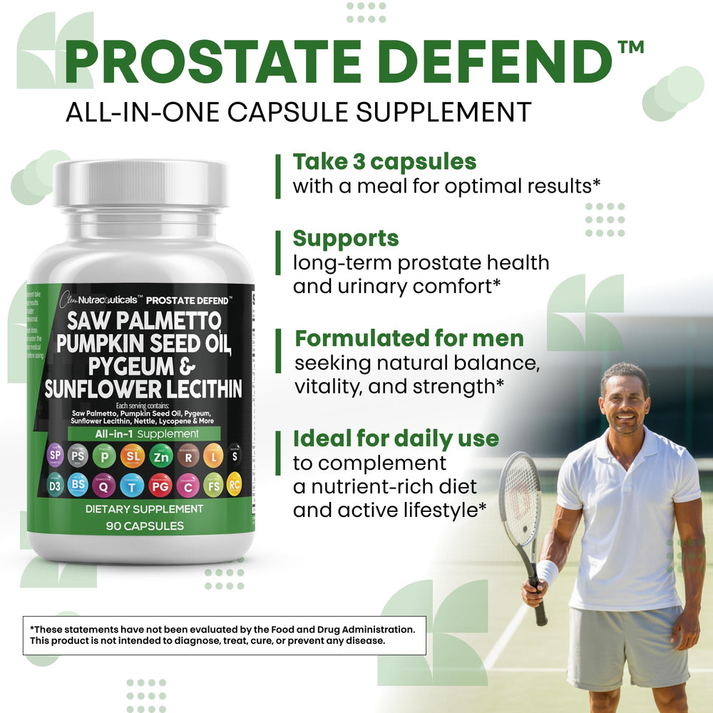 Clean Nutraceuticals Prostate Defend packaging emphasizing all-in-one formula