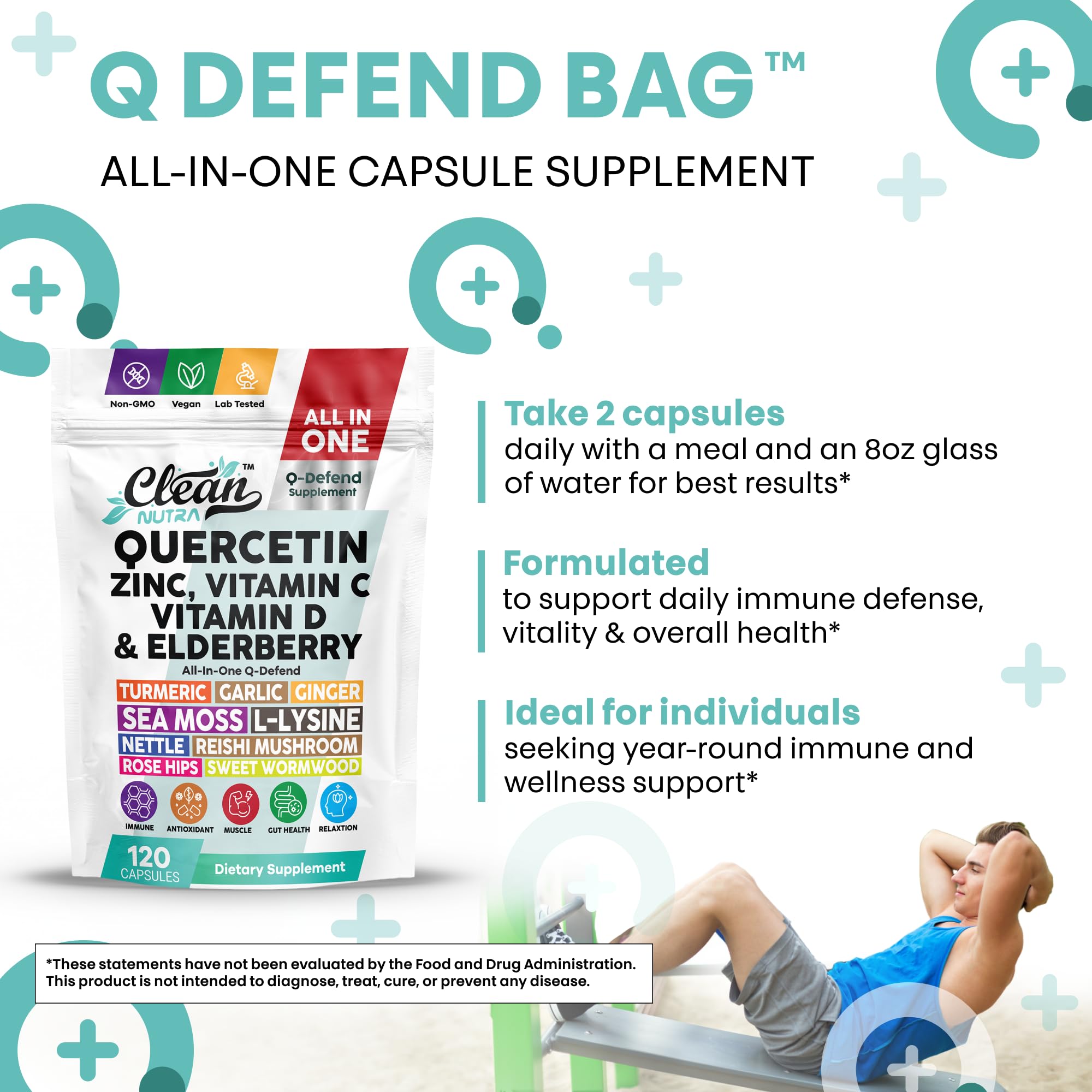 Clean Nutraceuticals Q Defend capsules in hand emphasize easy daily dosing.