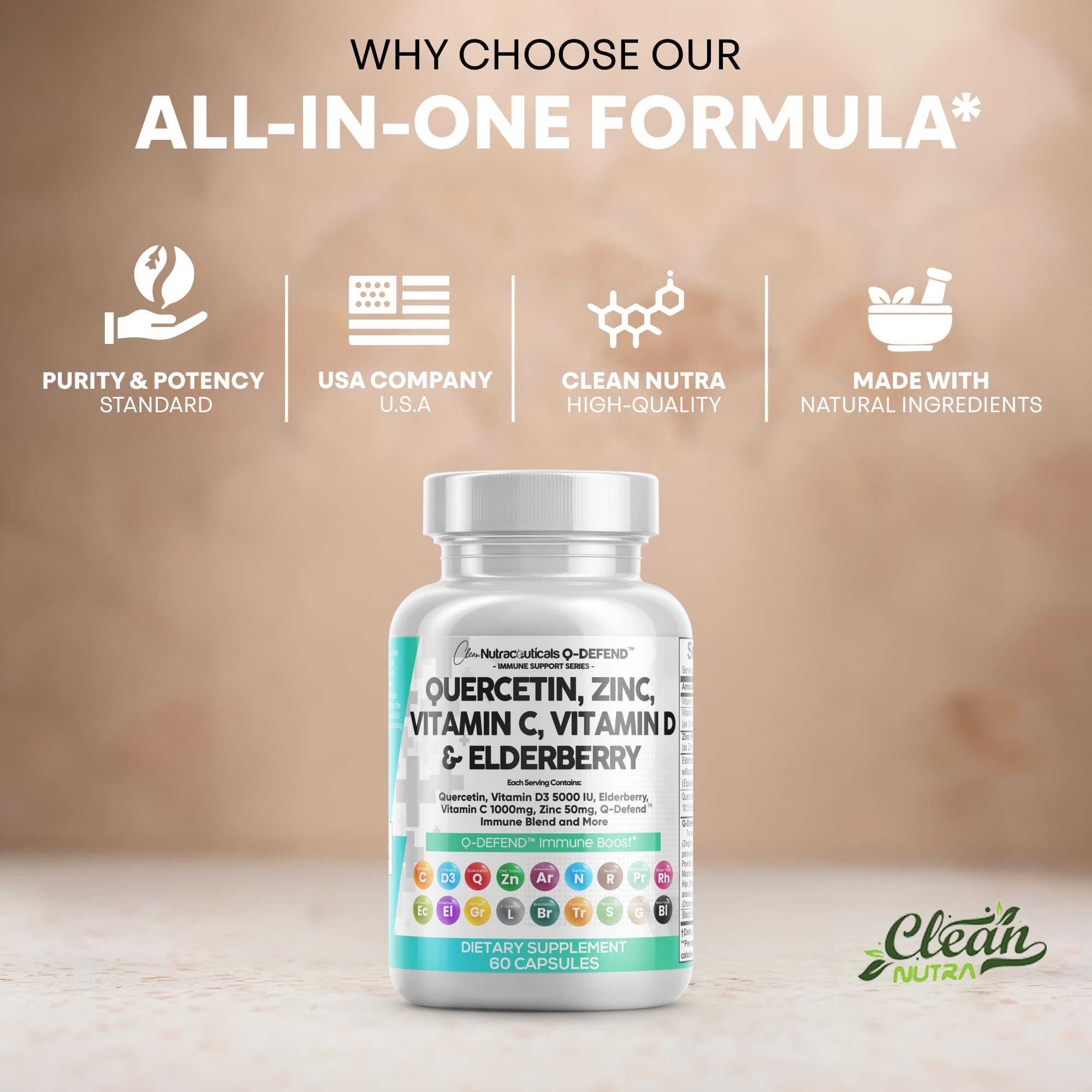 Clean Nutraceuticals Quercetin Zinc Vitamin C D Bromelain Elderberry bottle with label and nutrient facts