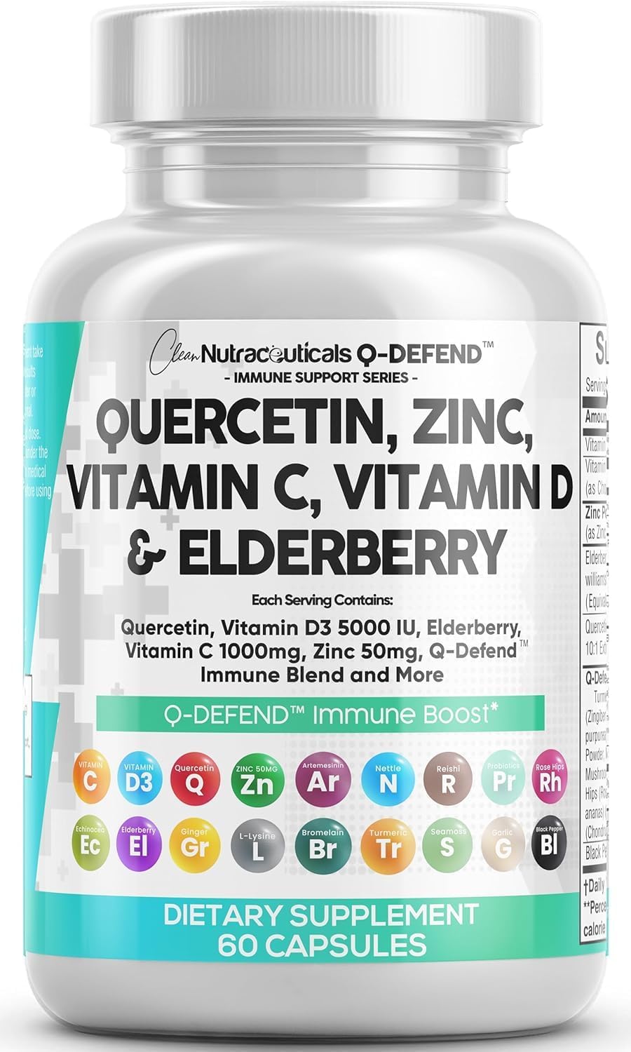 Clean Nutraceuticals Quercetin Zinc Vitamin C bottle for daily immune support.