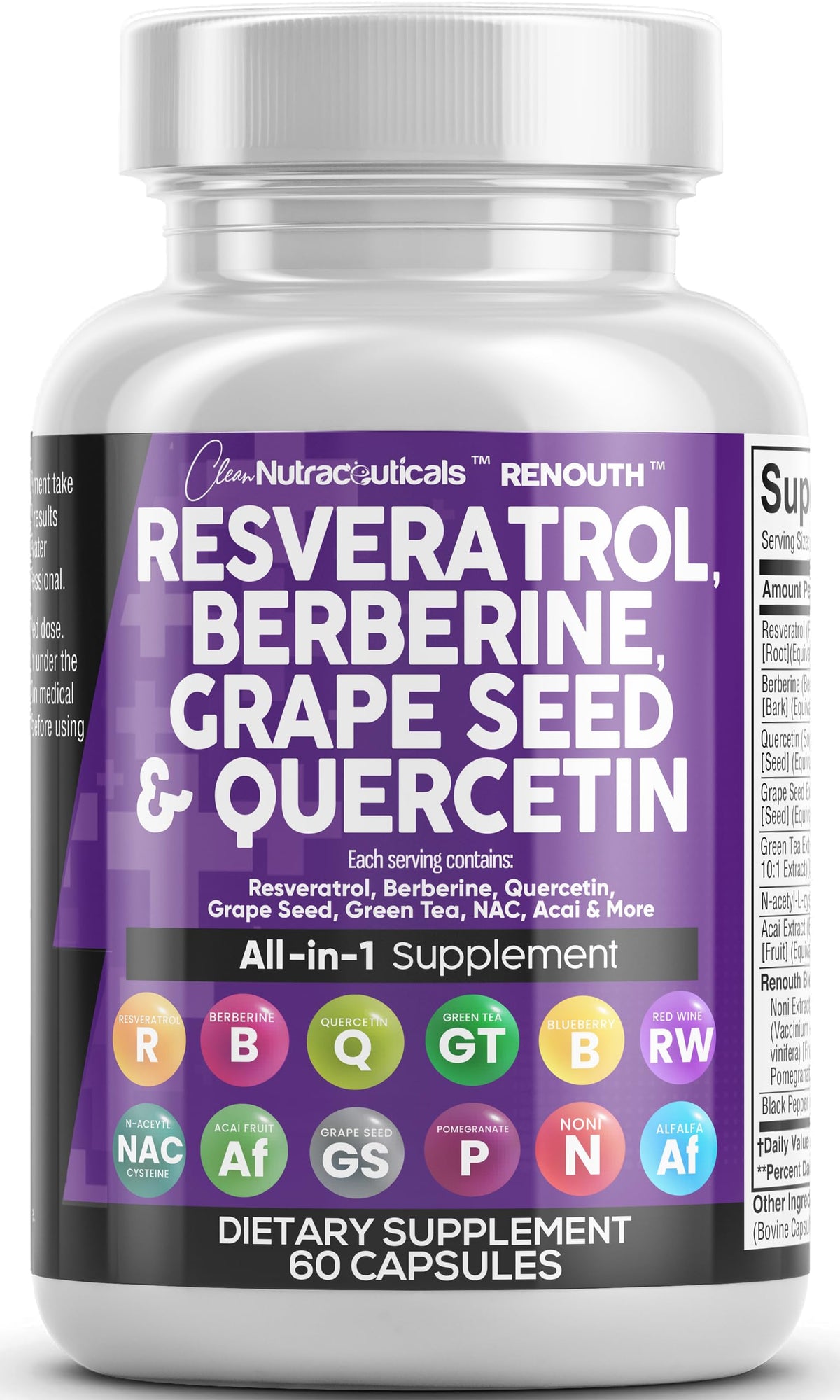 Clean Nutraceuticals Renouth bottle front showing polyphenol blend for daily vitality.