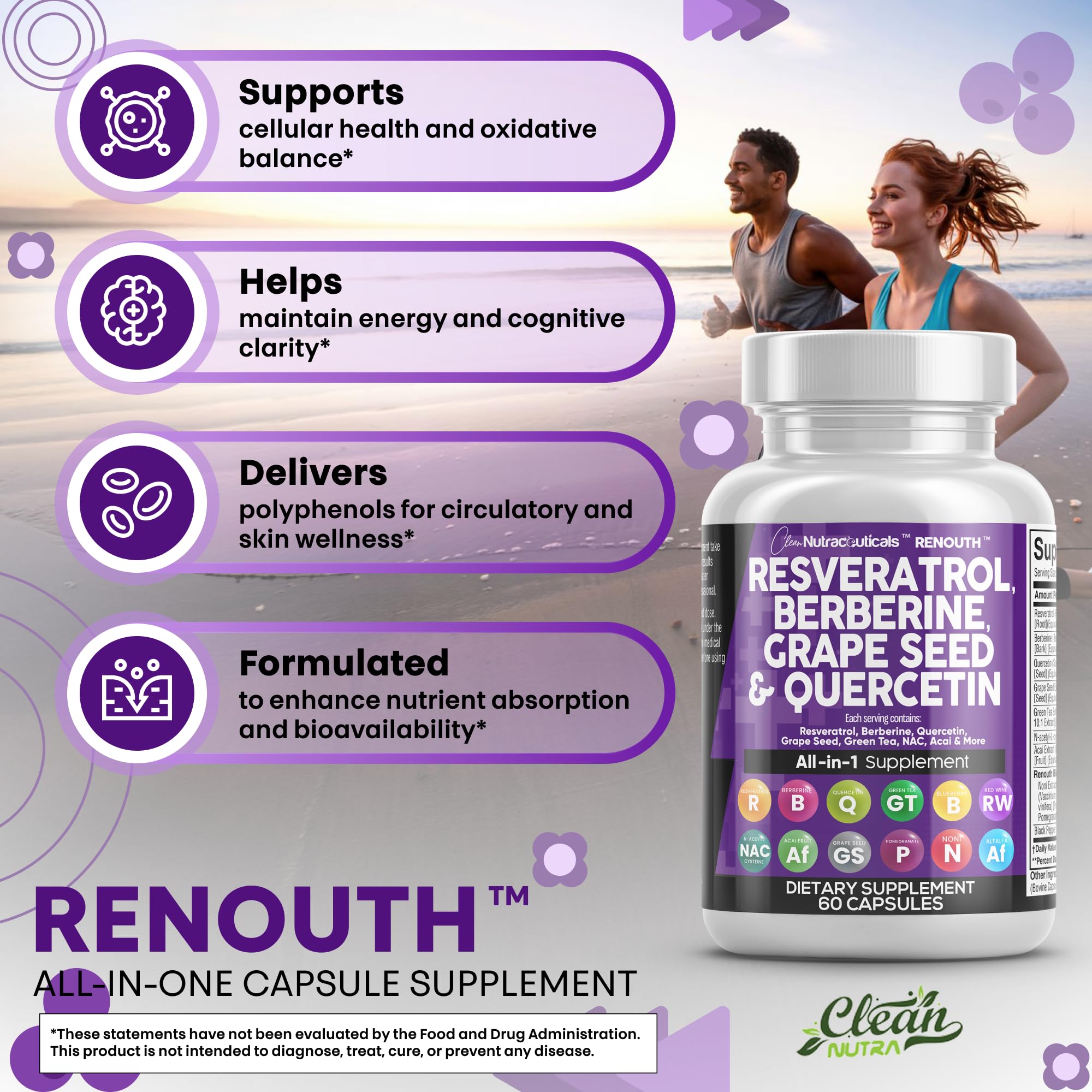 Clean Nutraceuticals Renouth glass with capsules ready for daily routine.