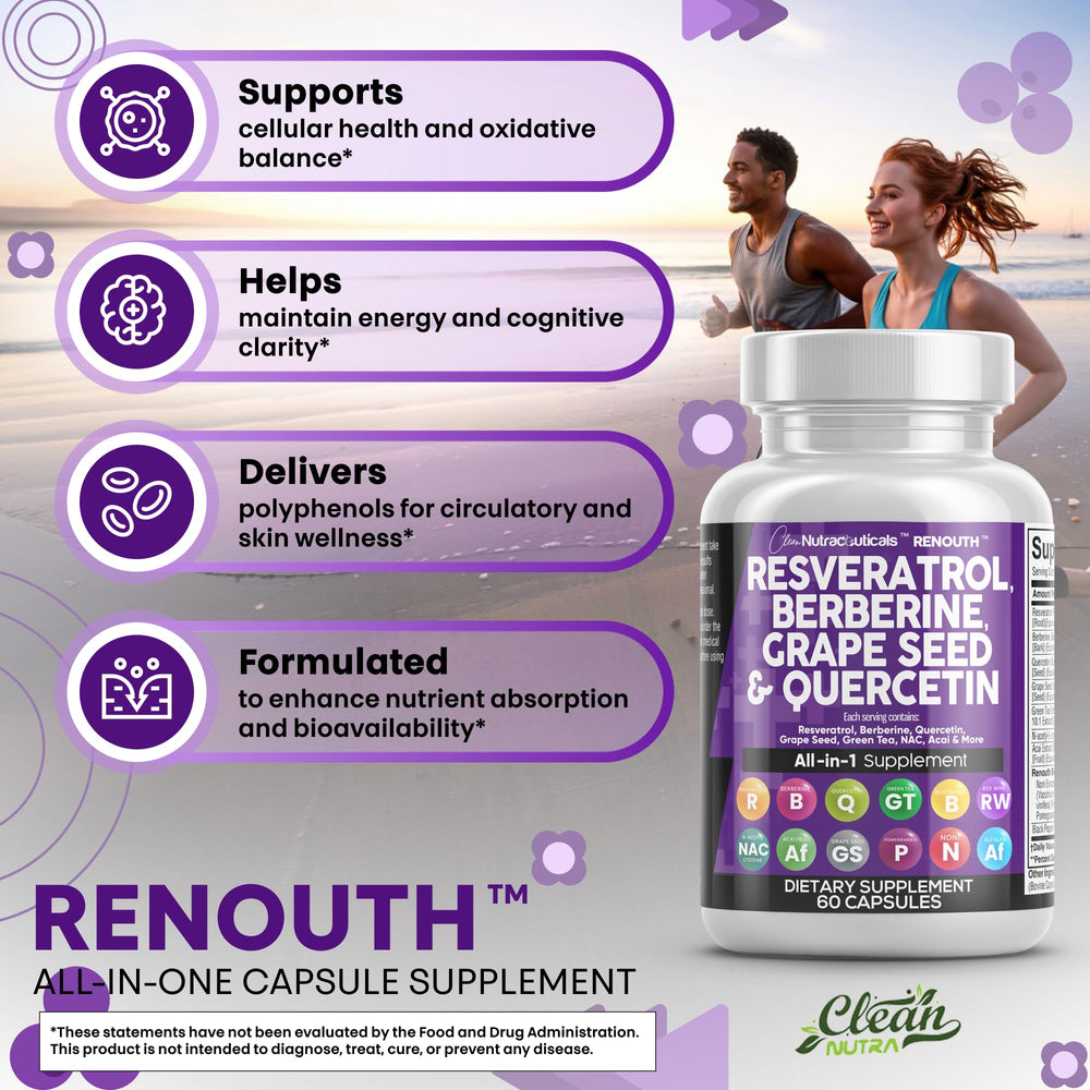 Clean Nutraceuticals Renouth glass with capsules ready for daily routine.