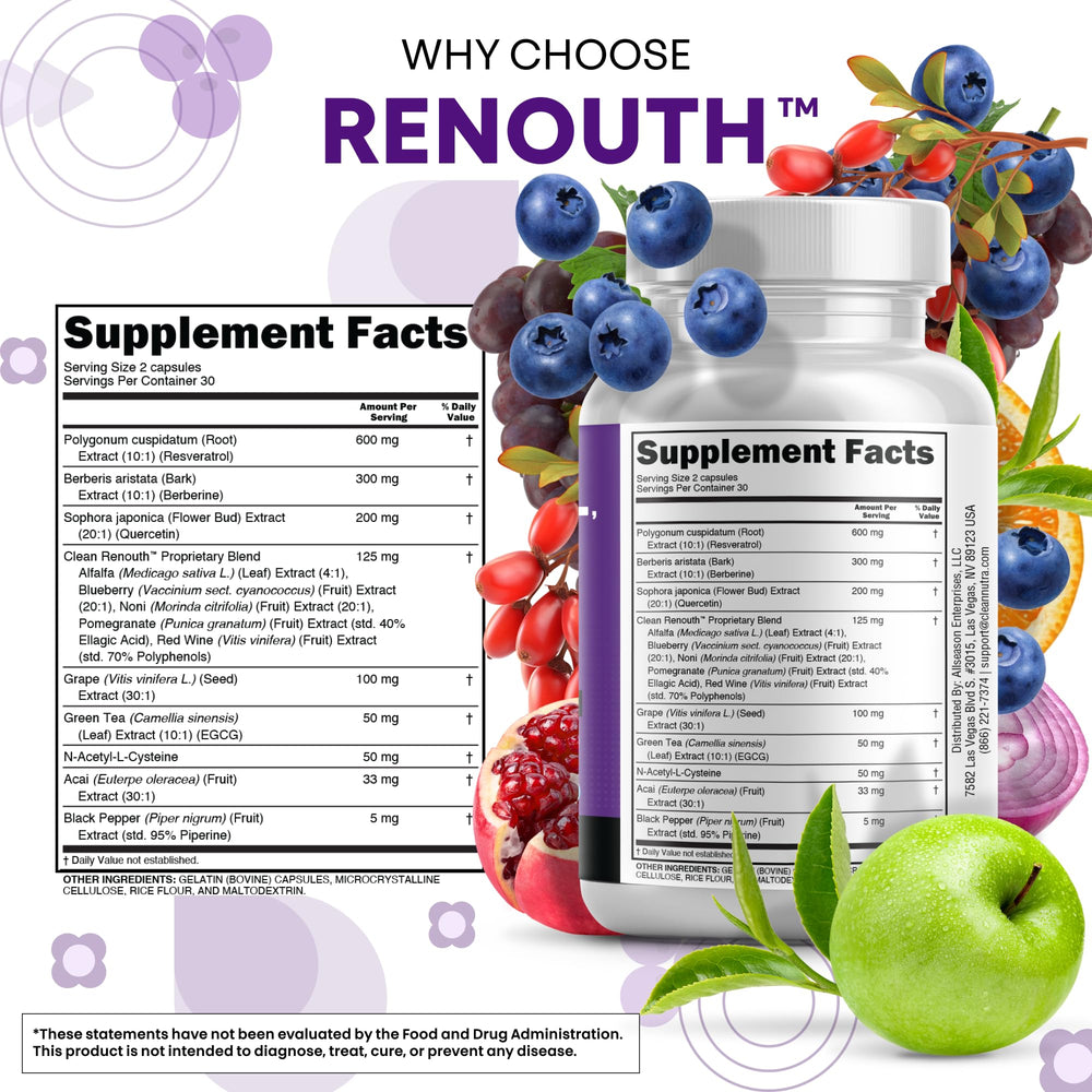 Renouth ingredients chart highlights grape seed, resveratrol, quercetin, NAC in one formula.