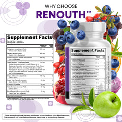 Renouth ingredients chart highlights grape seed, resveratrol, quercetin, NAC in one formula.