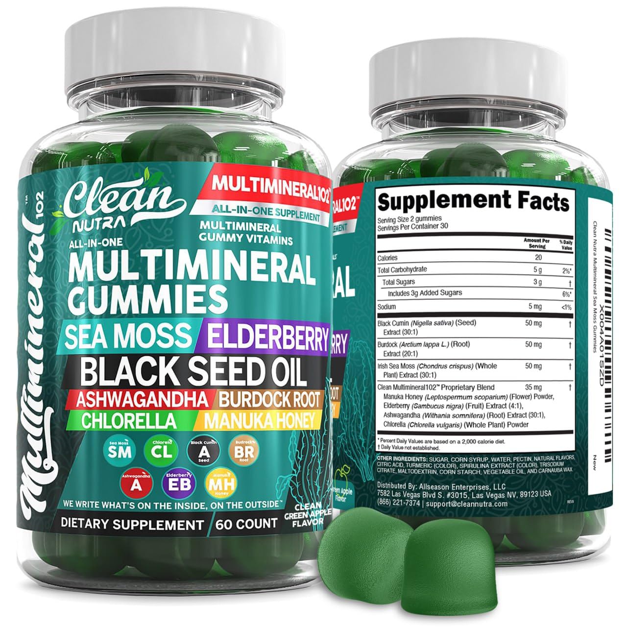Clean Nutraceuticals Sea Moss Gummies bottle front for daily vegan wellness
