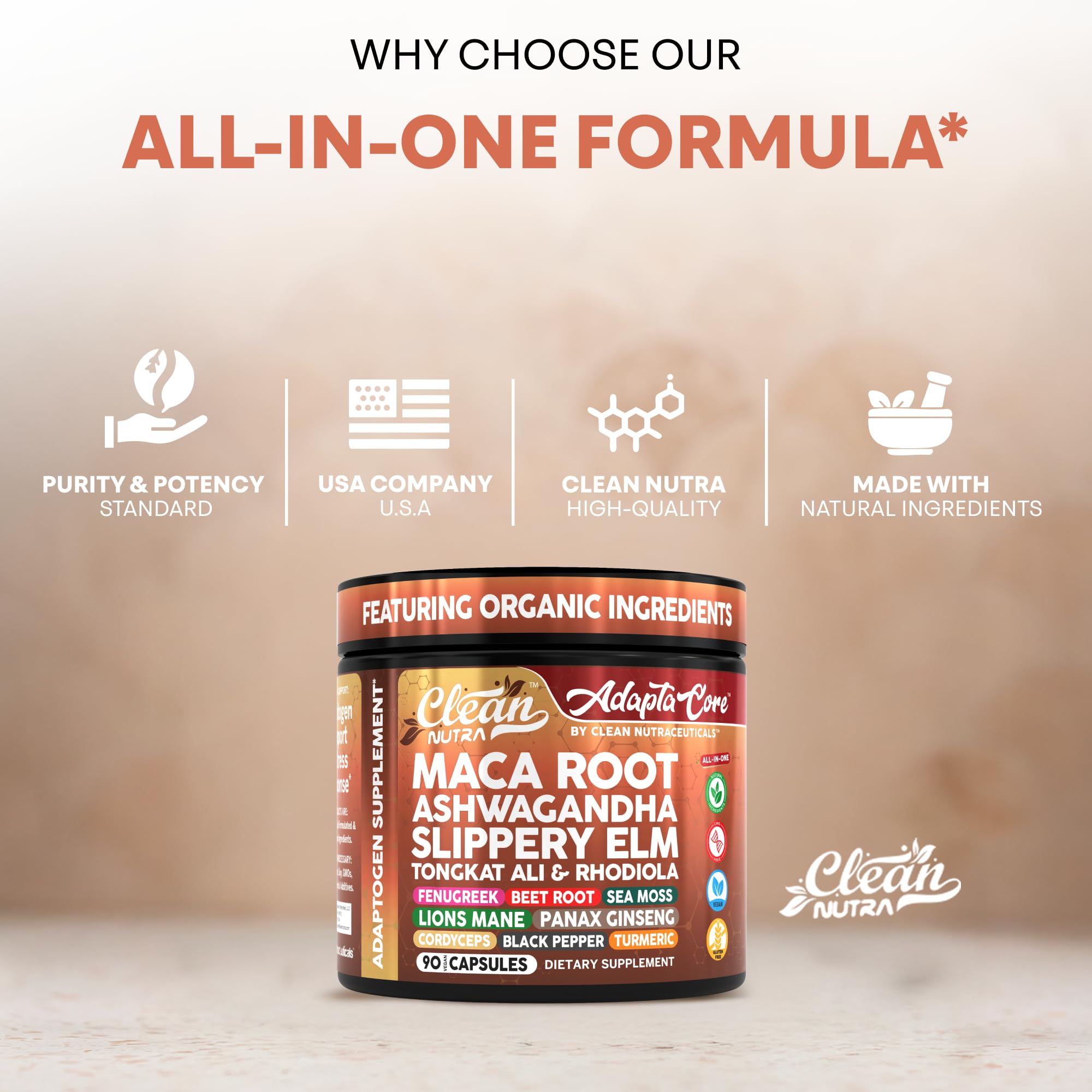 Clean Nutraceuticals tongkat ali capsules bottle indicating natural energy and endurance support