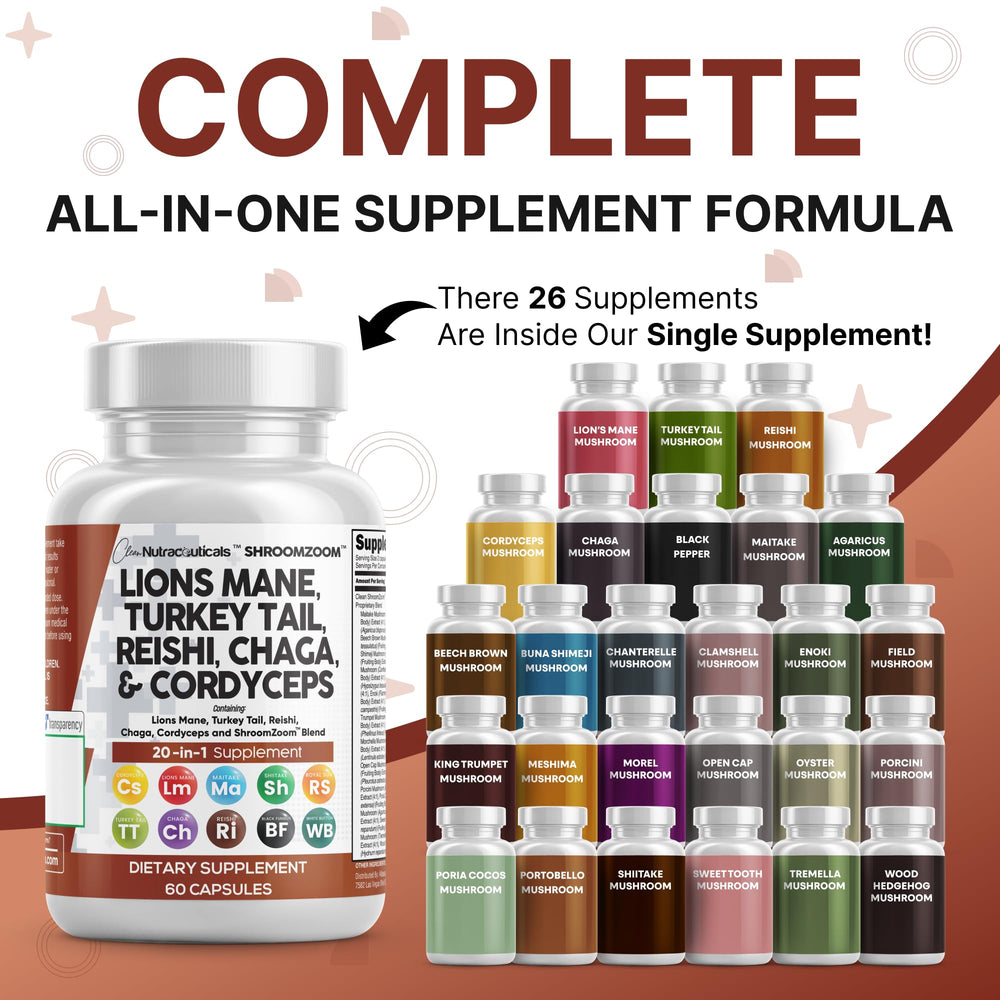 Clean Nutraceuticals turkey-tail-reishi bottle closeup suggests convenient all-in-one wellness support.
