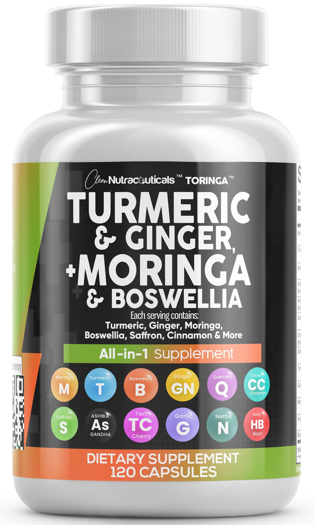Clean Nutraceuticals turmeric-moringa supplement bottle, convenient all-in-one daily wellness option.