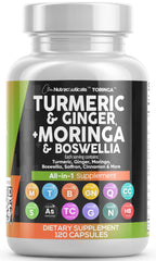 Clean Nutraceuticals turmeric-moringa supplement bottle, convenient all-in-one daily wellness option.