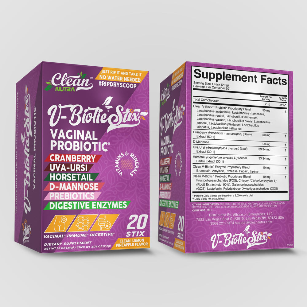 Close-up of Clean Nutraceuticals V-Biotic STIX highlighting quality ingredients