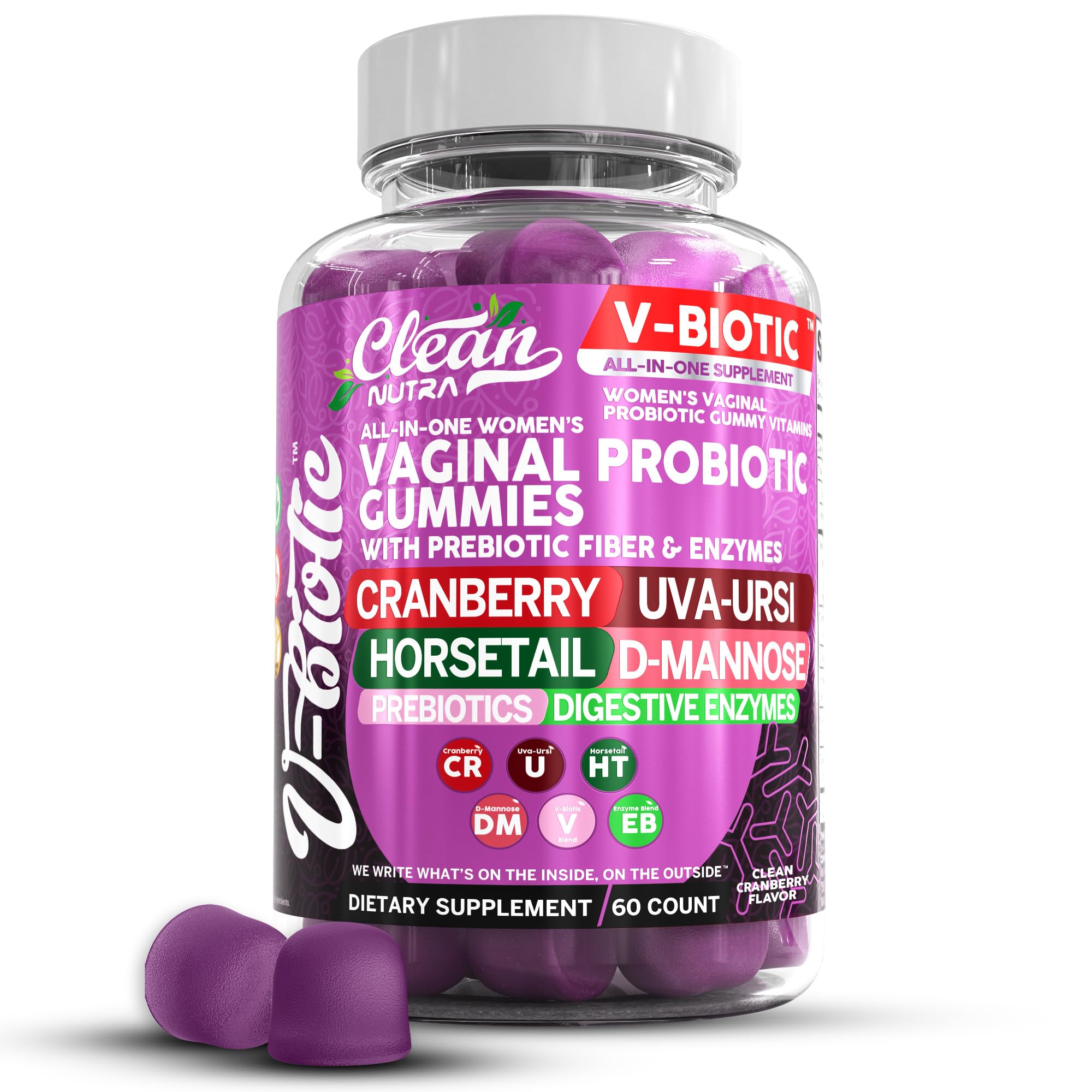 Clean Nutraceuticals Vaginal Probiotics Gummies with Cranberry for balanced pH and urinary comfort.