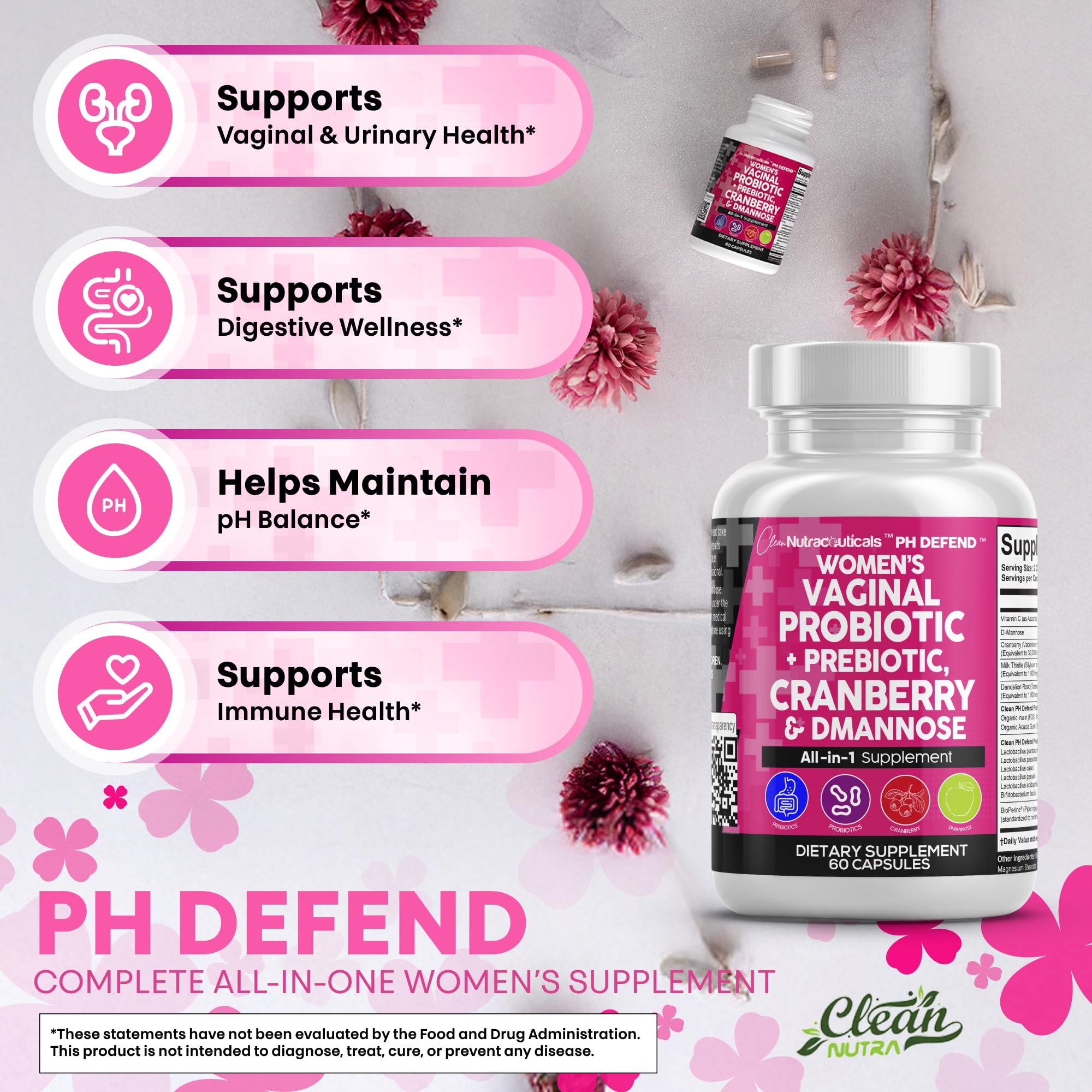Cranberry extract imagery in Clean Nutraceuticals Vaginal Probiotics emphasizes odor balance