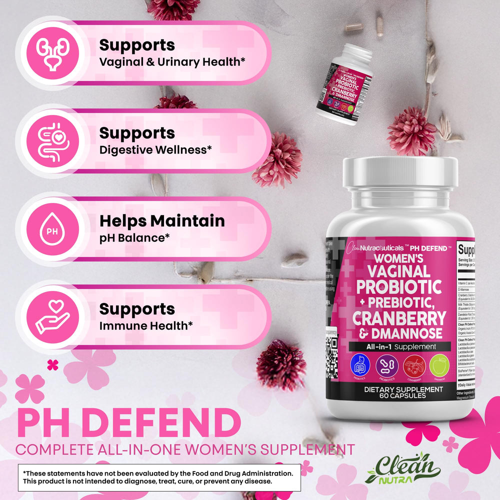Cranberry extract imagery in Clean Nutraceuticals Vaginal Probiotics emphasizes odor balance