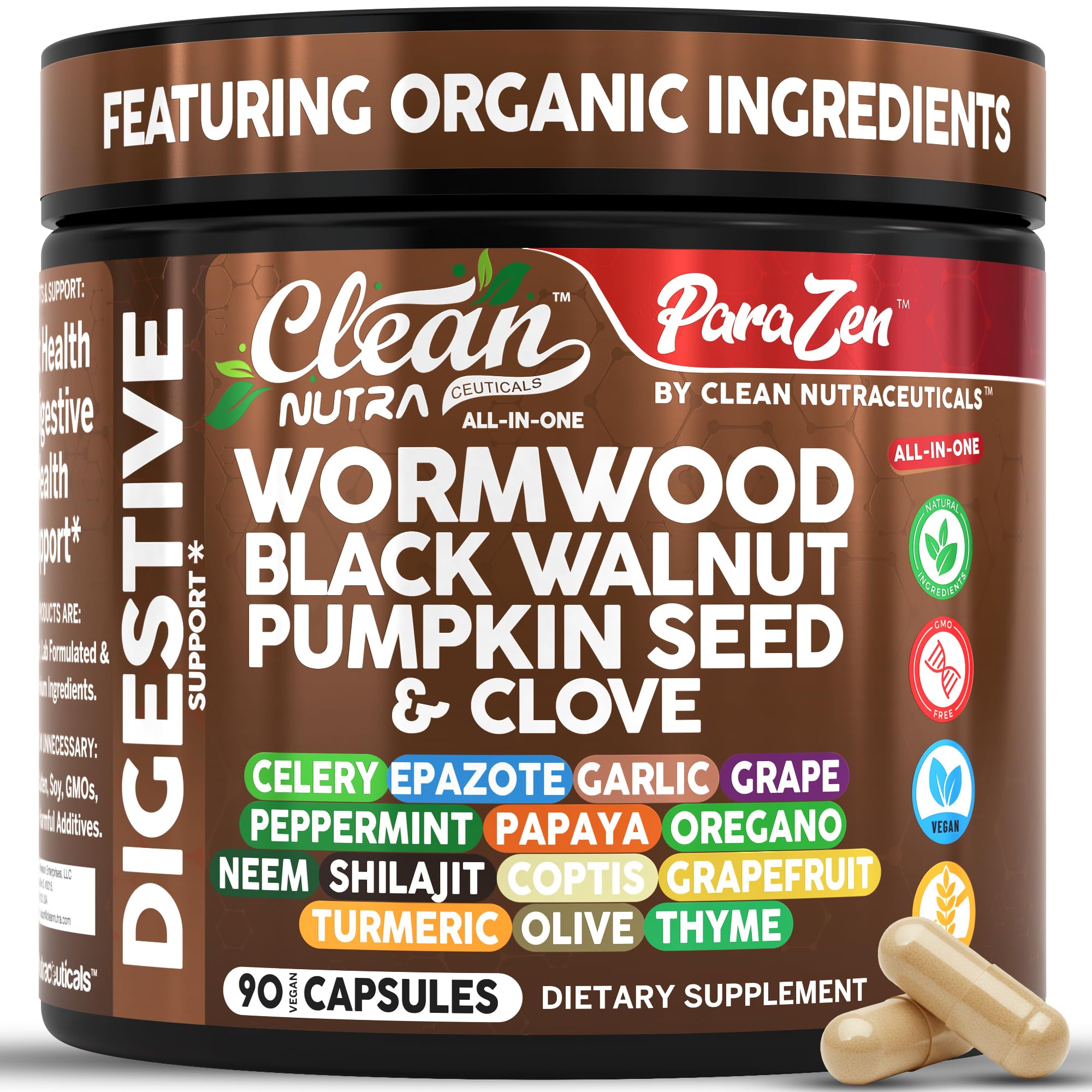 Clean Nutraceuticals wormwood garlic clove capsules bottle for digestive comfort.