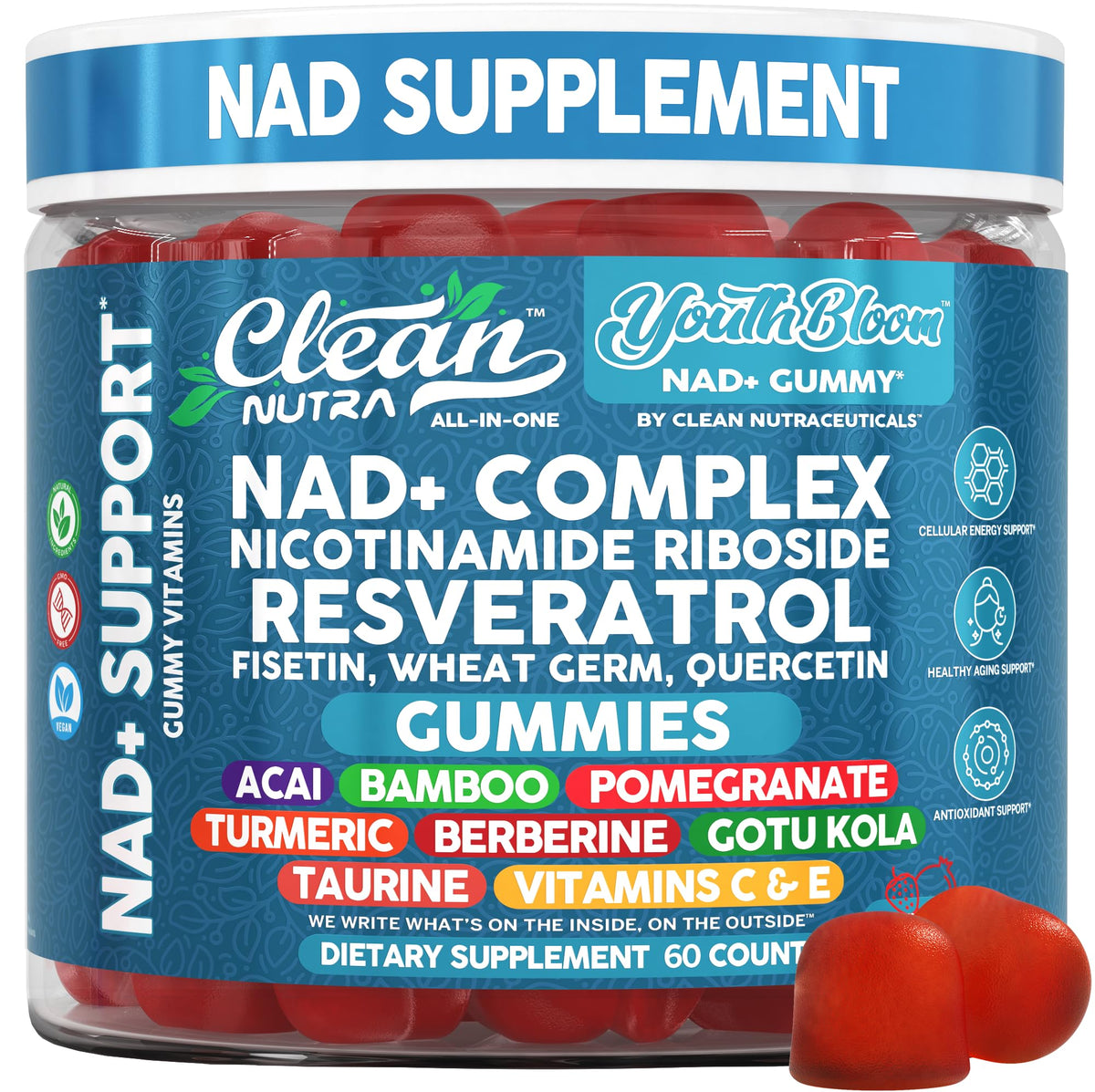 Clean Nutraceuticals Youth Bloom NAD+ gummies bottle front for daily vitality.