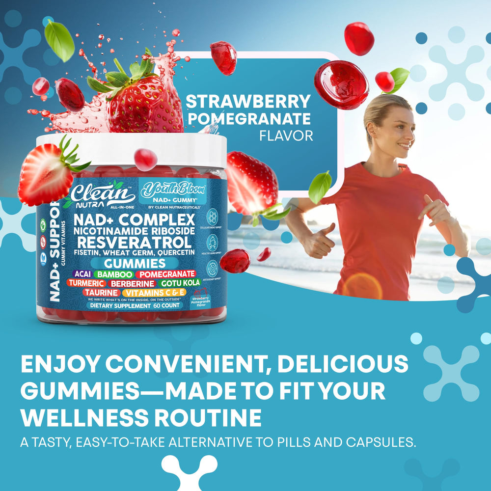 Youth Bloom gummies pour shot showing bright color and texture.