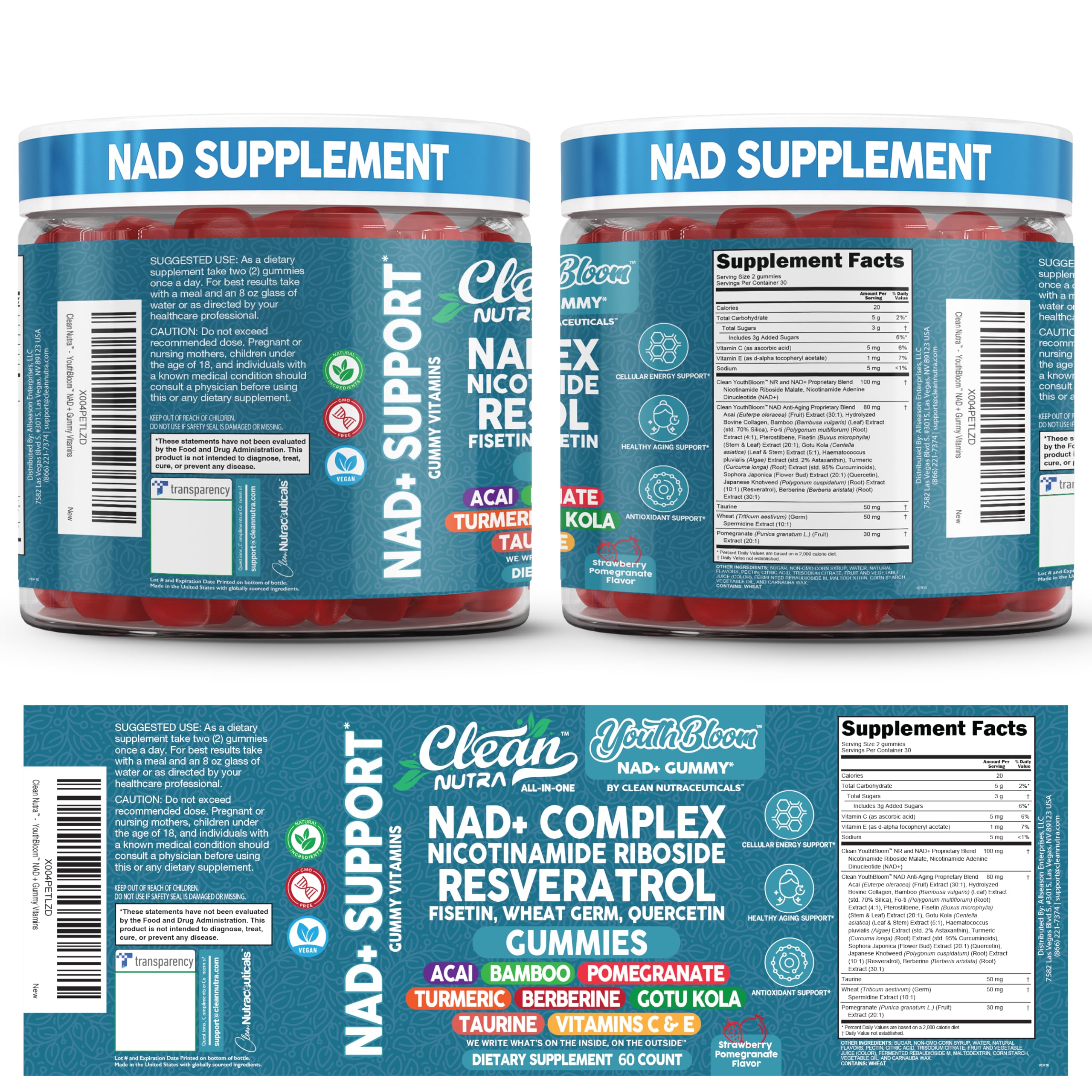 Youth Bloom bottle with supplements context suggests antioxidant blend.