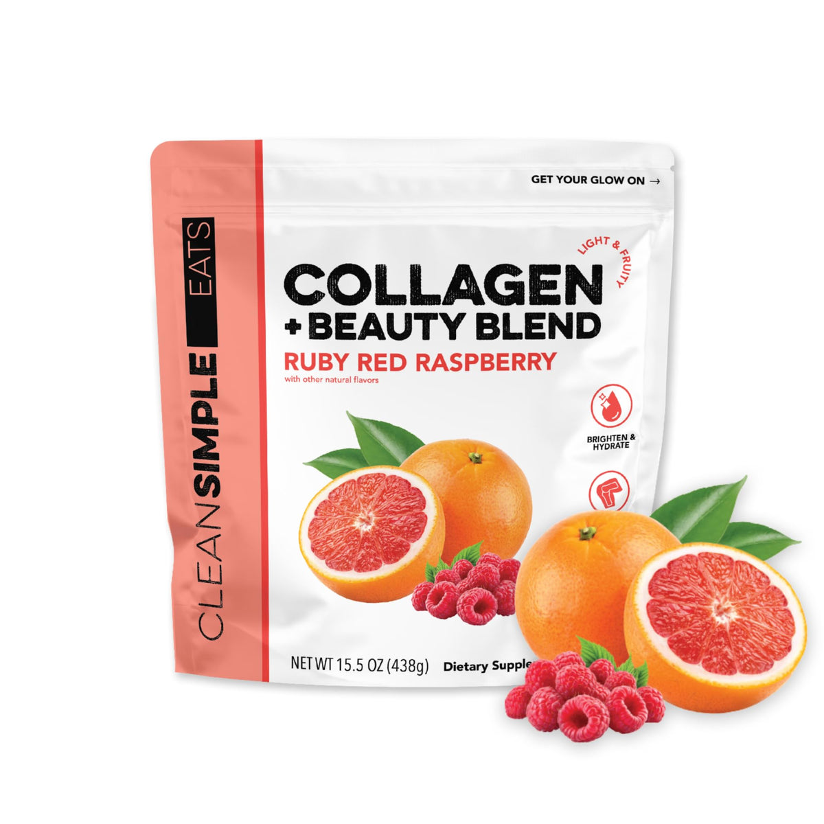 Clean Simple Eats Collagen Powder Beauty Blend bottle with ruby red raspberry flavor for glowing skin