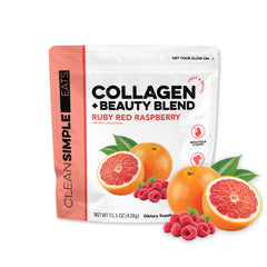 Clean Simple Eats Collagen Powder Beauty Blend bottle with ruby red raspberry flavor for glowing skin