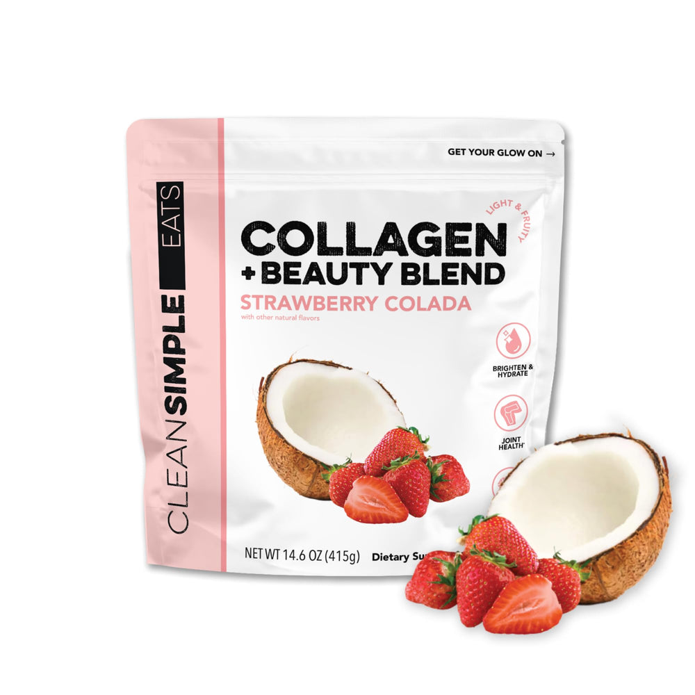 Clean Simple Eats Collagen Powder Beauty Blend Strawberry Colada is poured into water for a tasty skincare ritual.