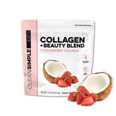 Clean Simple Eats Collagen Powder Beauty Blend Strawberry Colada is poured into water for a tasty skincare ritual.