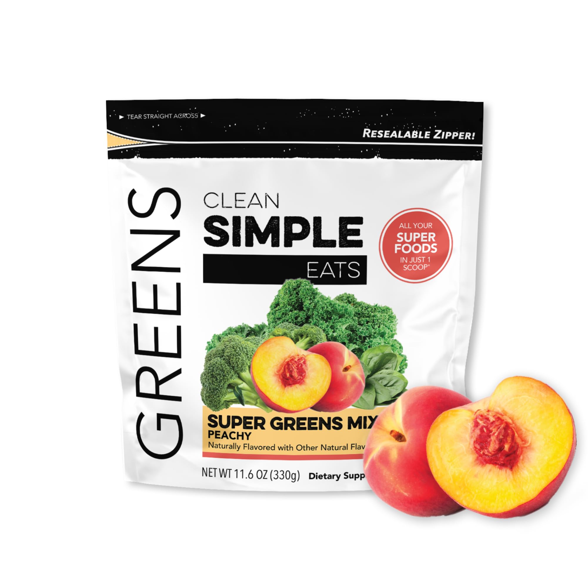 Clean Simple Eats Peachy Greens bottle pour showing convenient greens boost for daily use