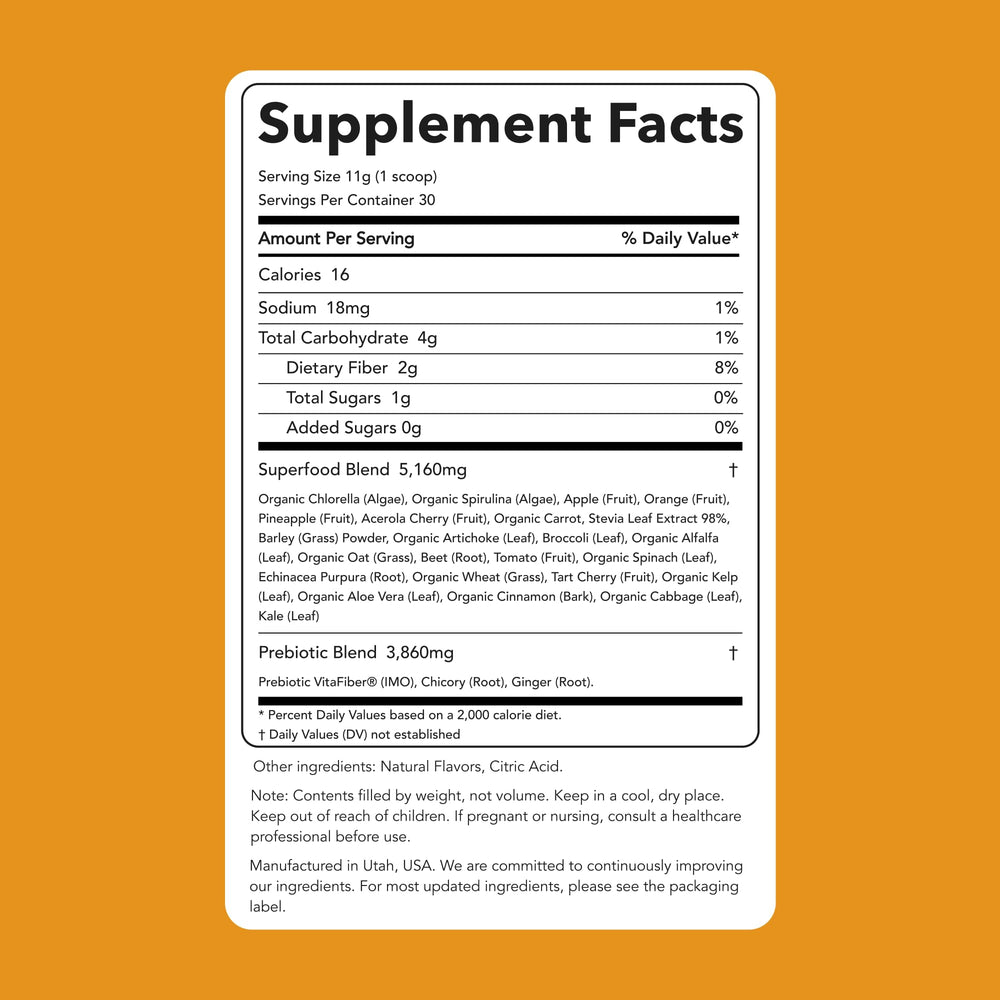 Pouring Clean Simple Eats Super Greens powder into a glass, promotes convenient digestive wellness.