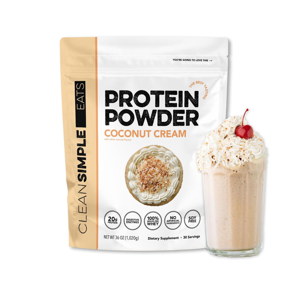 Clean Simple Eats packaging with Coconut Cream whey, gluten-free and naturally sweetened