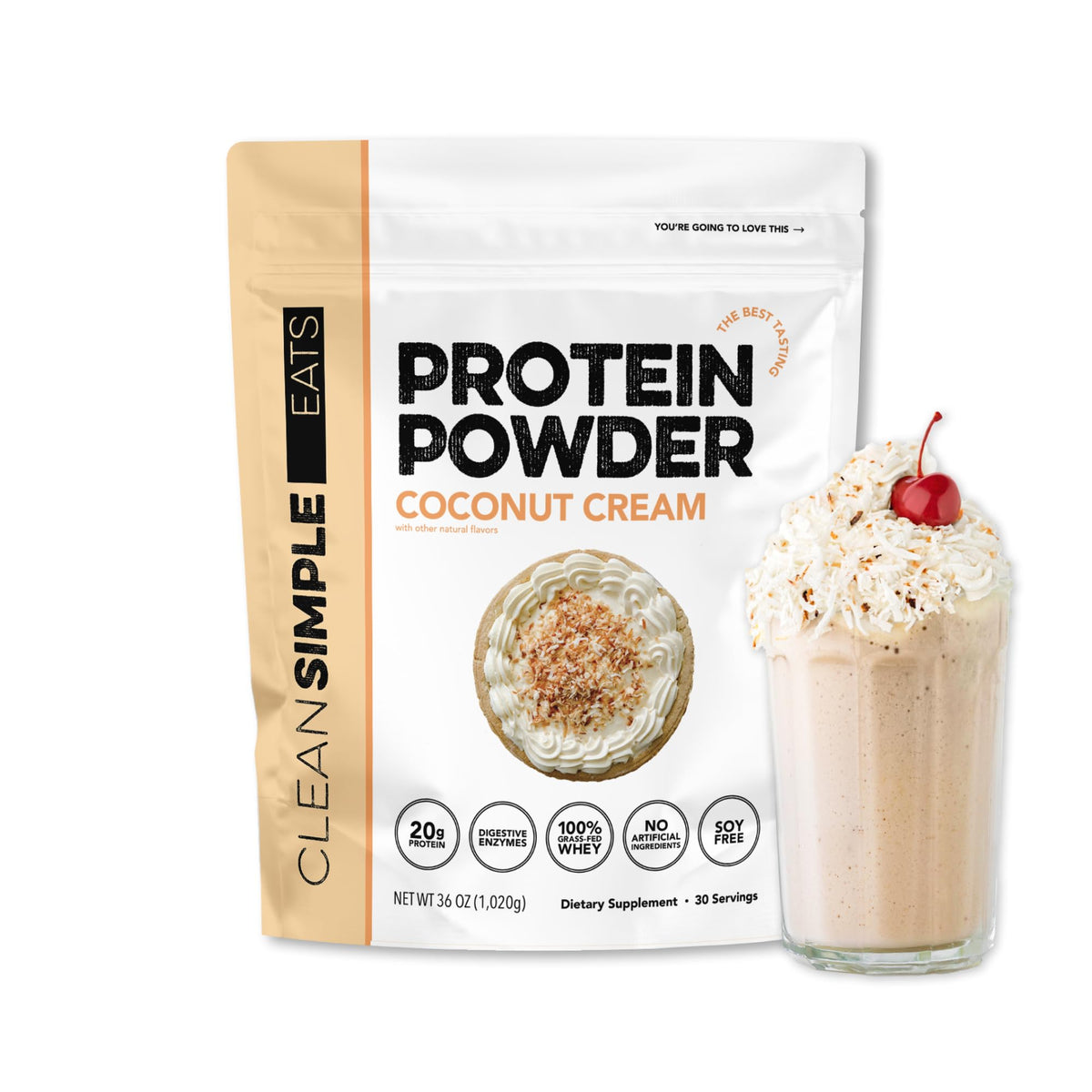 Clean Simple Eats packaging with Coconut Cream whey, gluten-free and naturally sweetened
