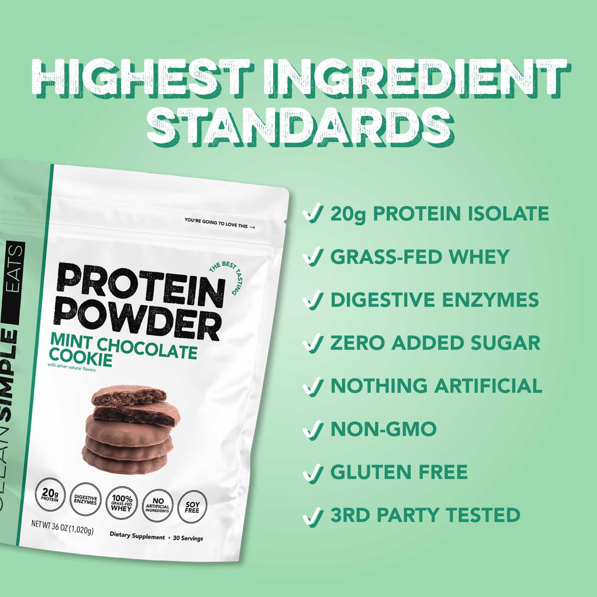 Clean Simple Eats mint chocolate cookie powder blending into a smoothie.