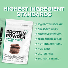 Clean Simple Eats mint chocolate cookie powder blending into a smoothie.